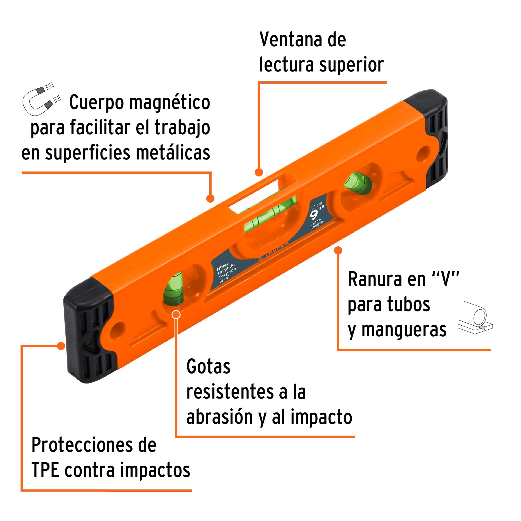 Nivel torpedo de 9" magnético cuerpo de ABS, Truper - 11223