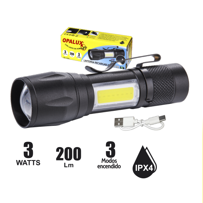 Linterna Recargable Zoom 3W 200Lm OP-1309 OPALUX