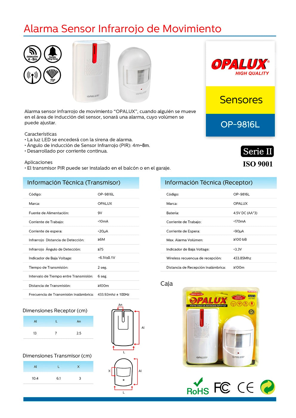 Sensor Inalambrico de Movimiento Opalux Op-9816l