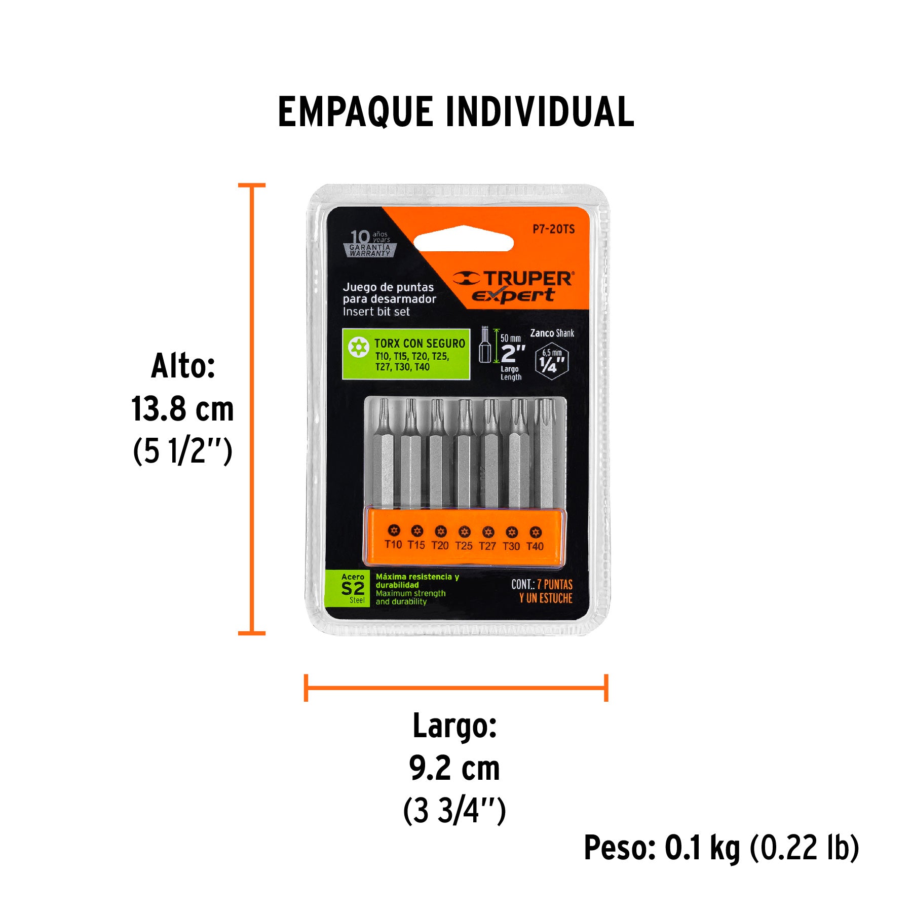Juego de 7 puntas torx combinadas c/seguro largo 2", Expert Truper - 17813