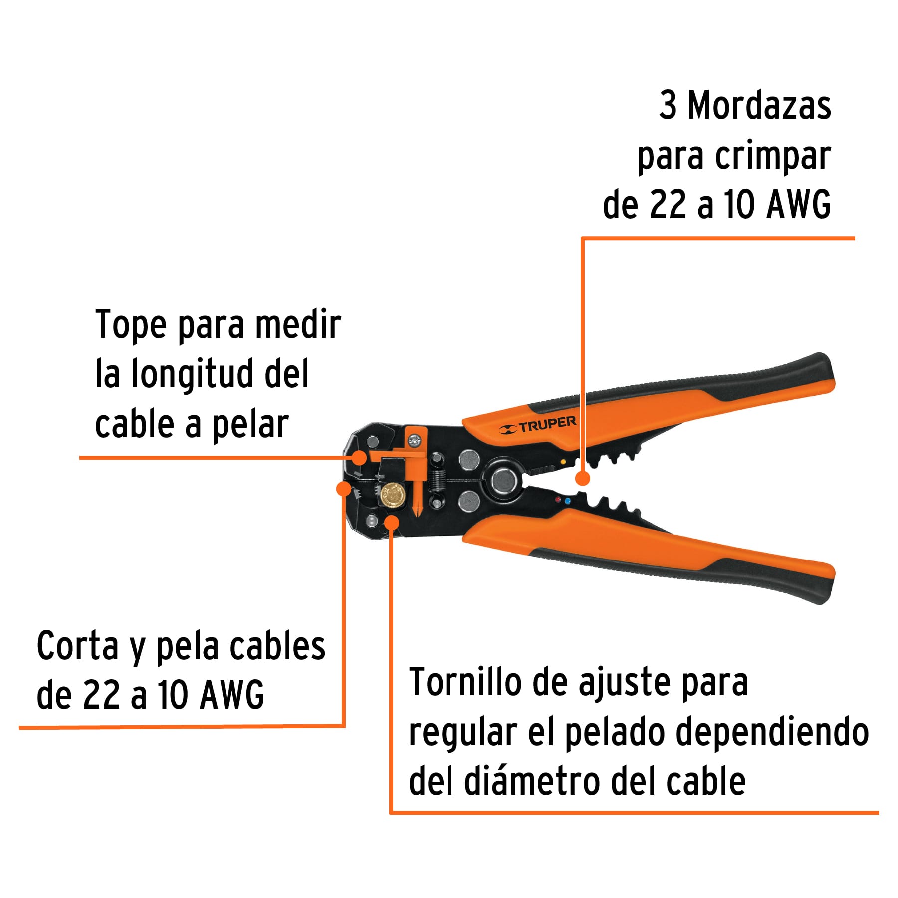 Pinza 8" pela cables automática, 22 a 10 AWG, TRUPER - 17360