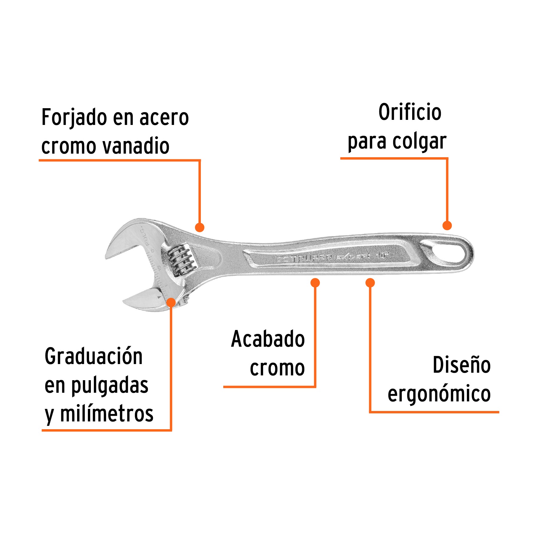 Llave ajustable 10" profesional cromada, Truper 15507