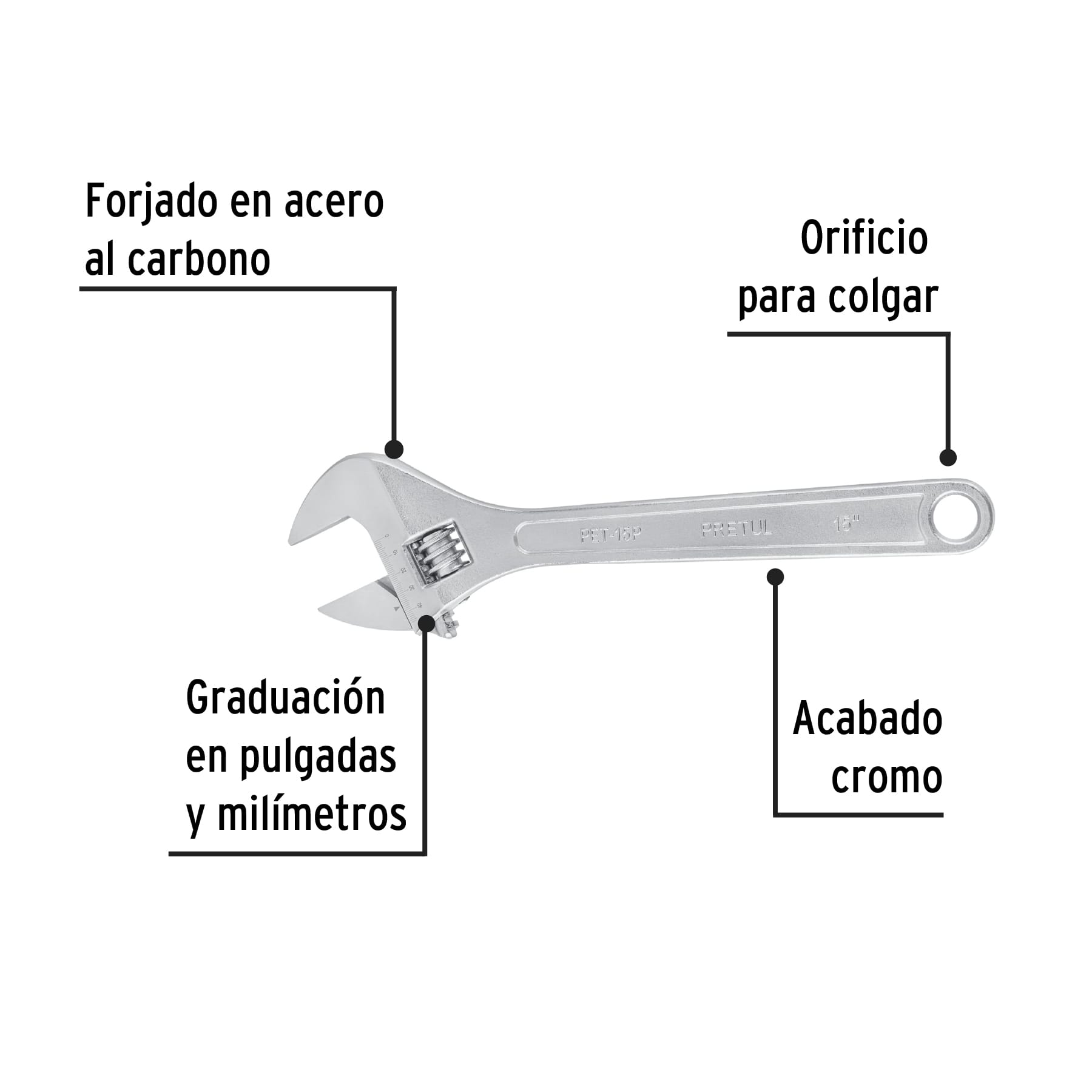 Llave ajustable (perico) 15" cromada, Pretul - 26054