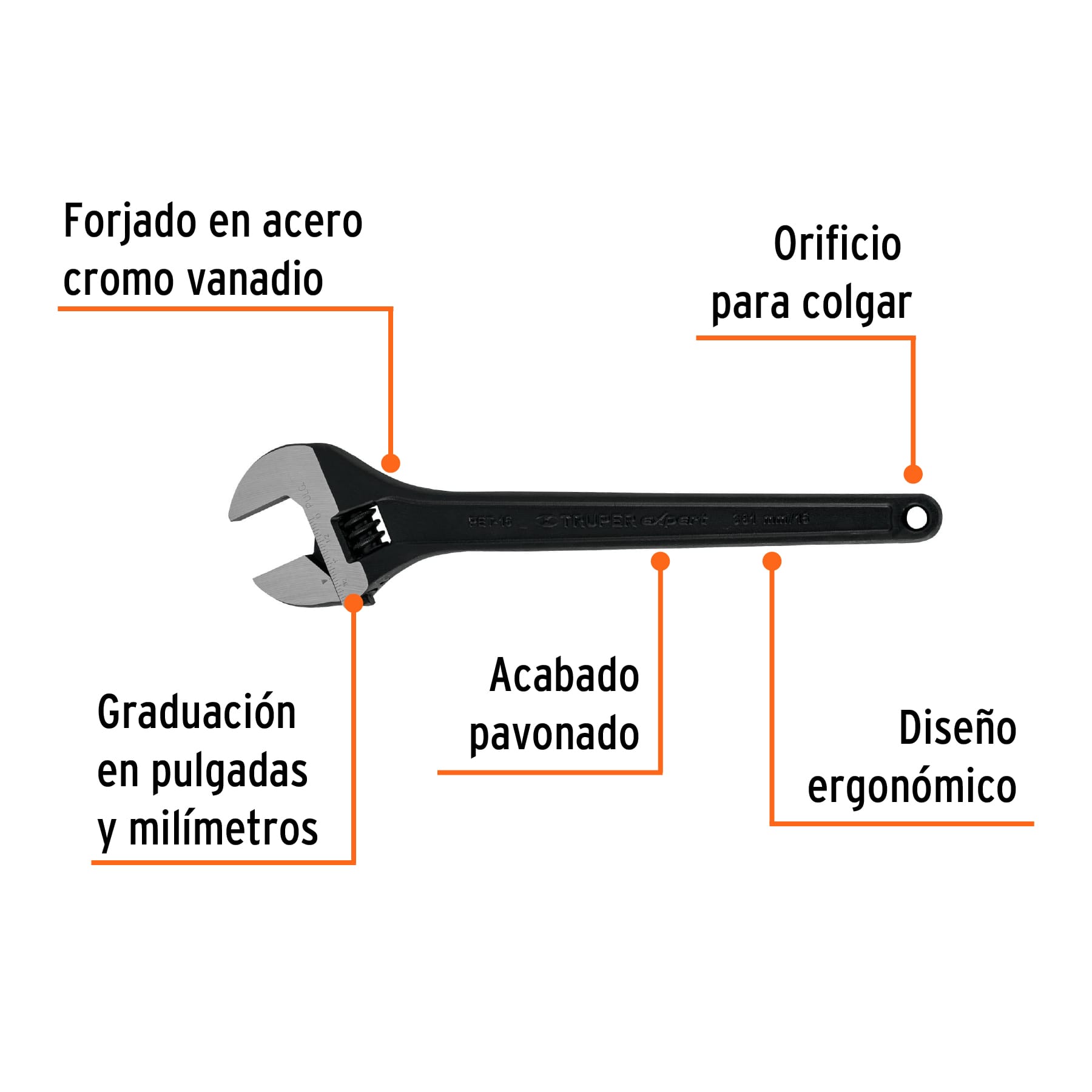 Llave ajustable (perico) 15" profesional pavonada, Truper - 15504