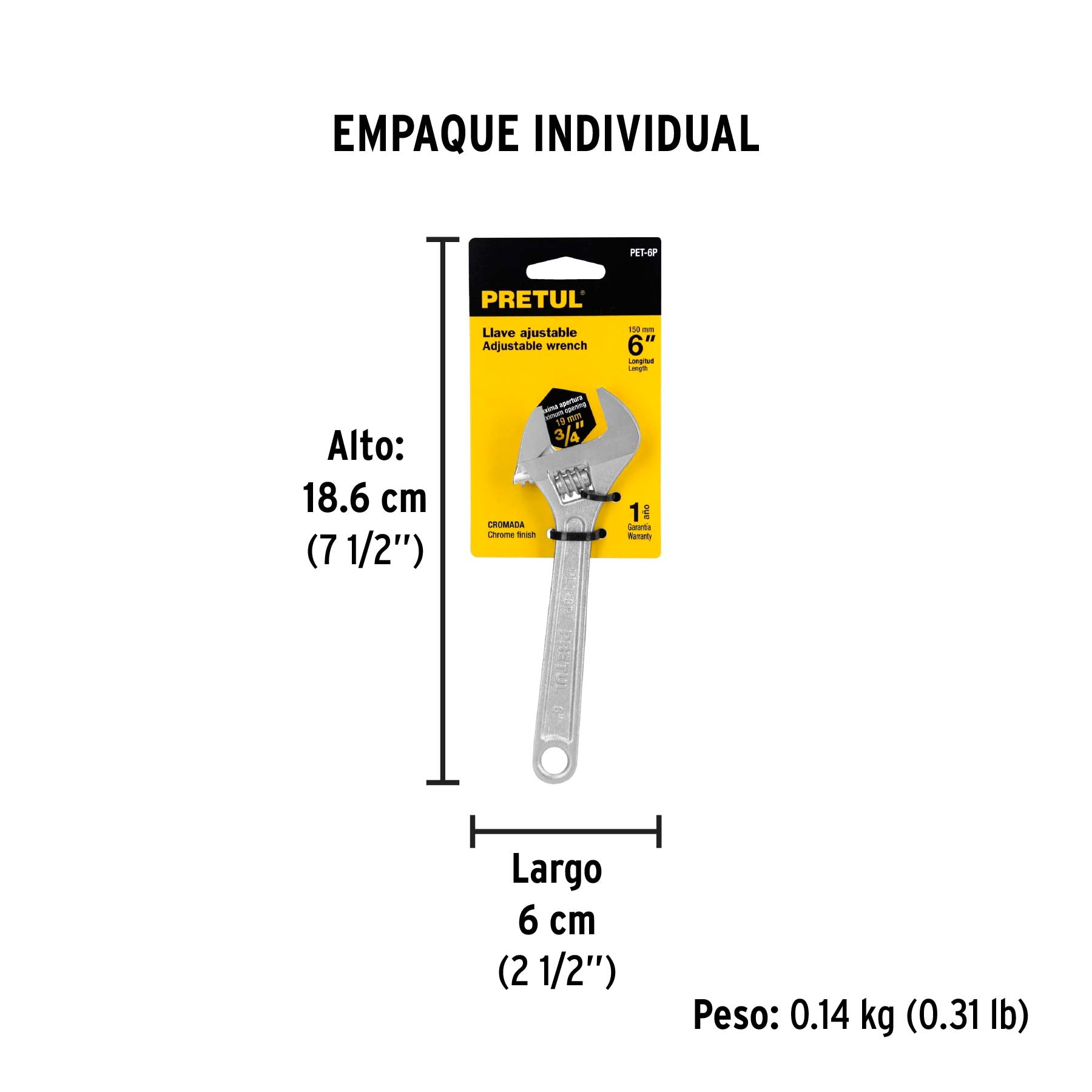 Llave ajustable (perico) 6" cromada, Pretul - 21814