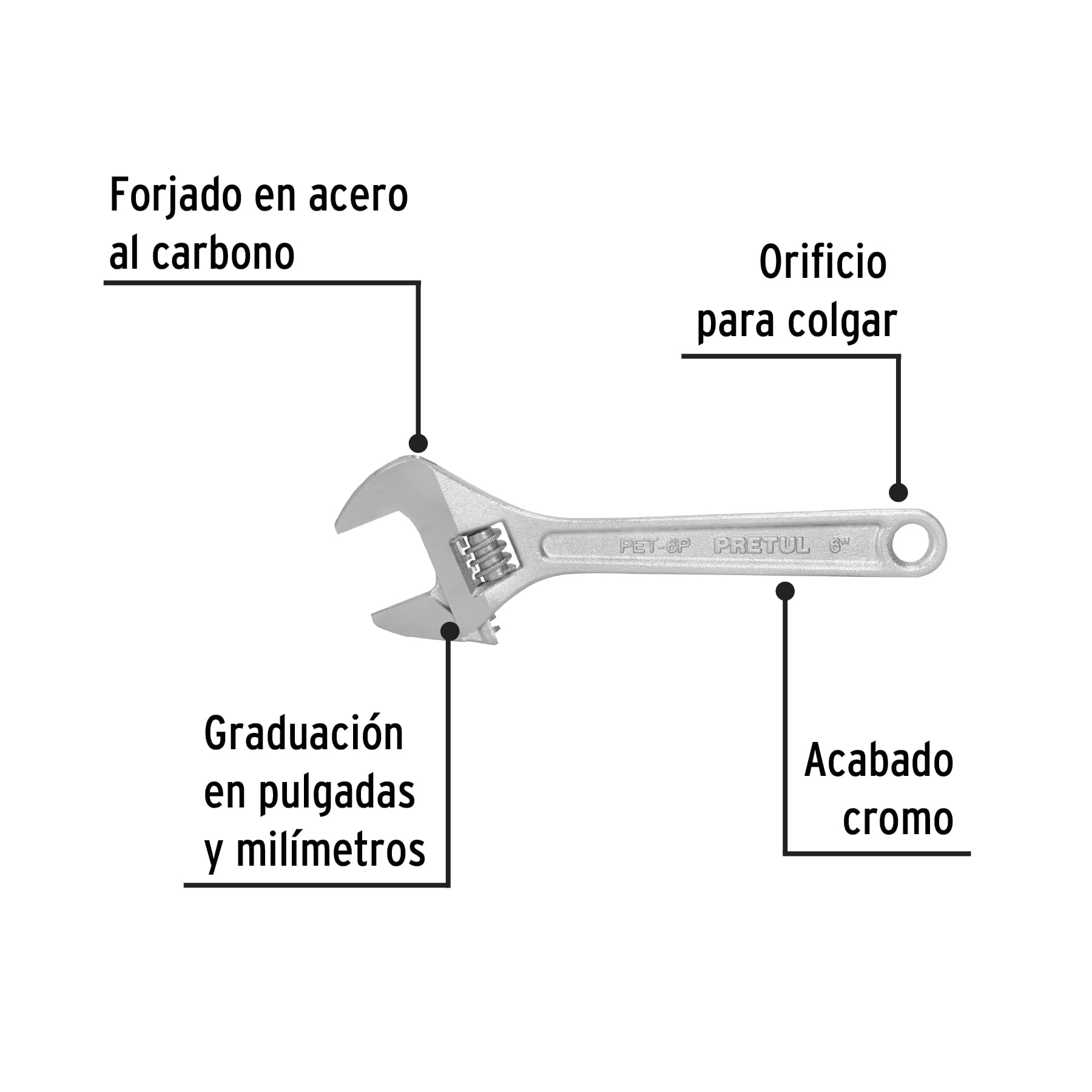 Llave ajustable (perico) 6" cromada, Pretul - 21814