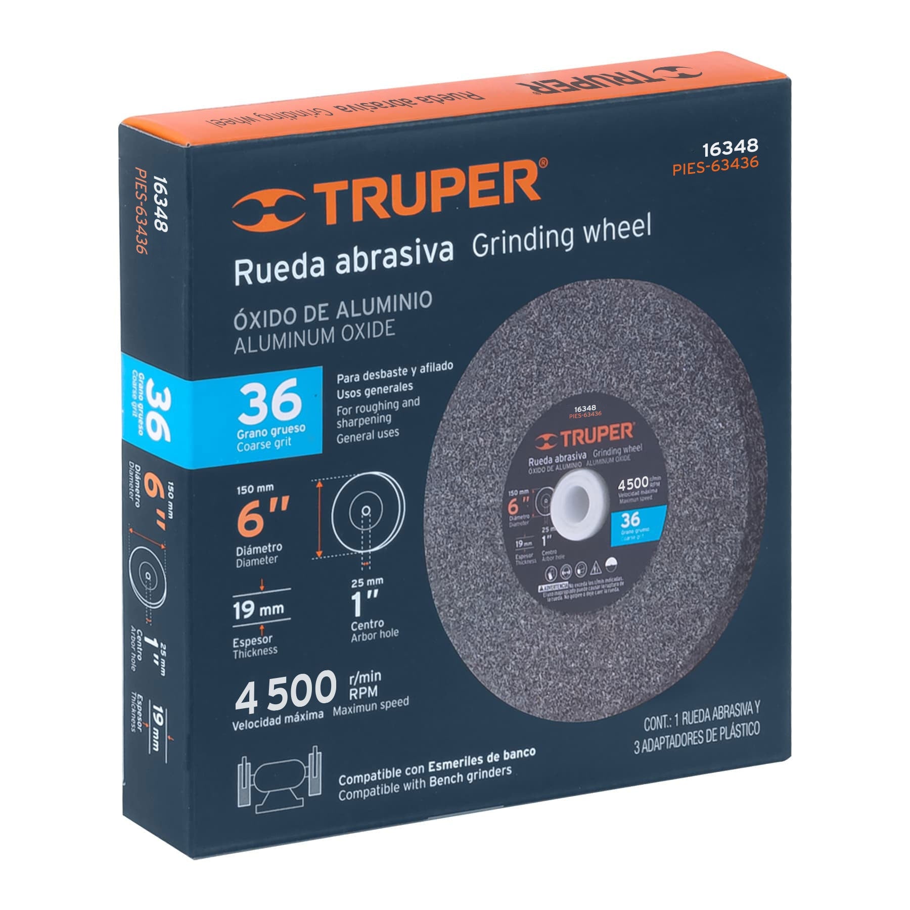 Rueda abrasiva p/esmeril 6"x19mm, óxido aluminio, grano 36 TRUPER - 16348