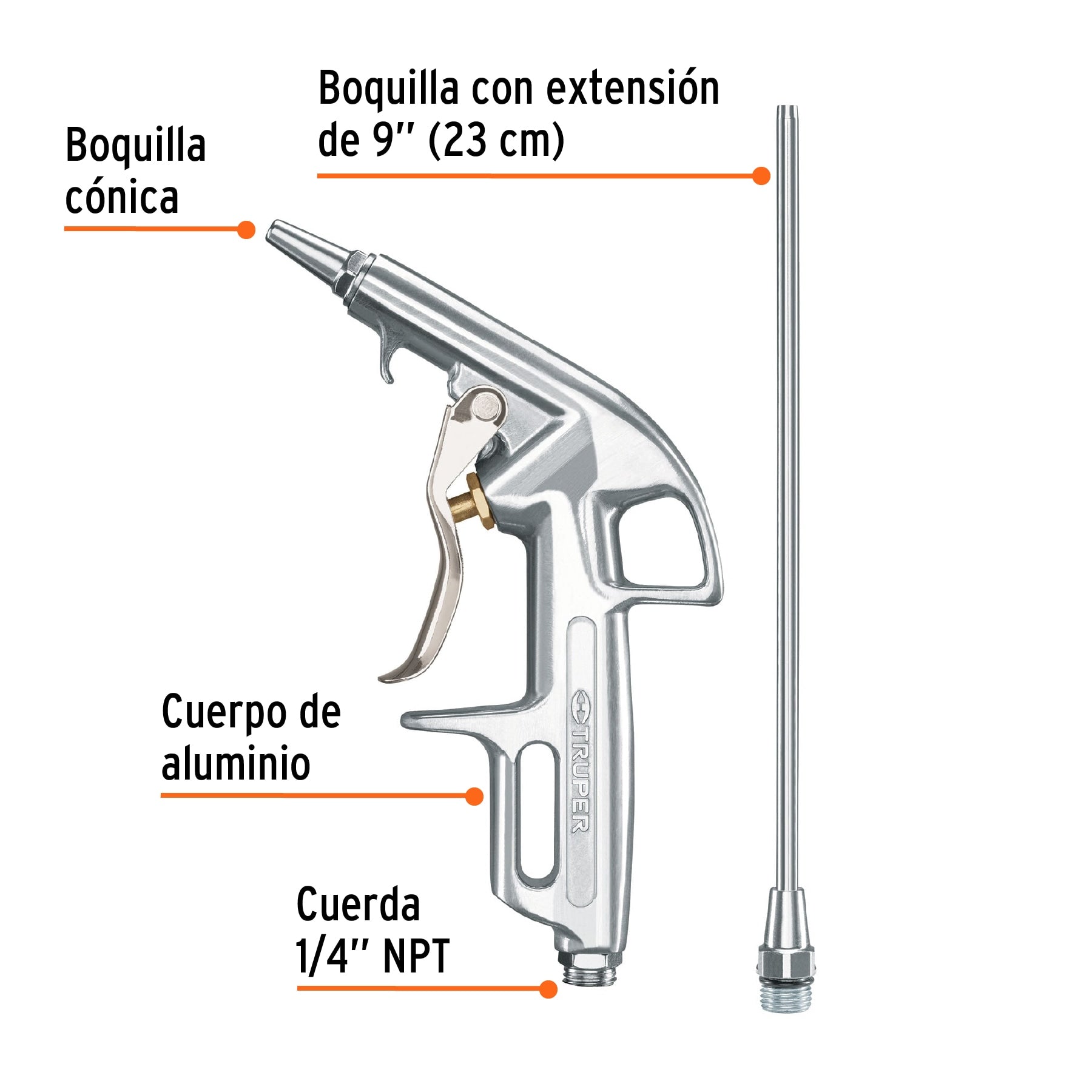 Pistola de aluminio para sopletear, 2 boquillas, TRUPER - 10647