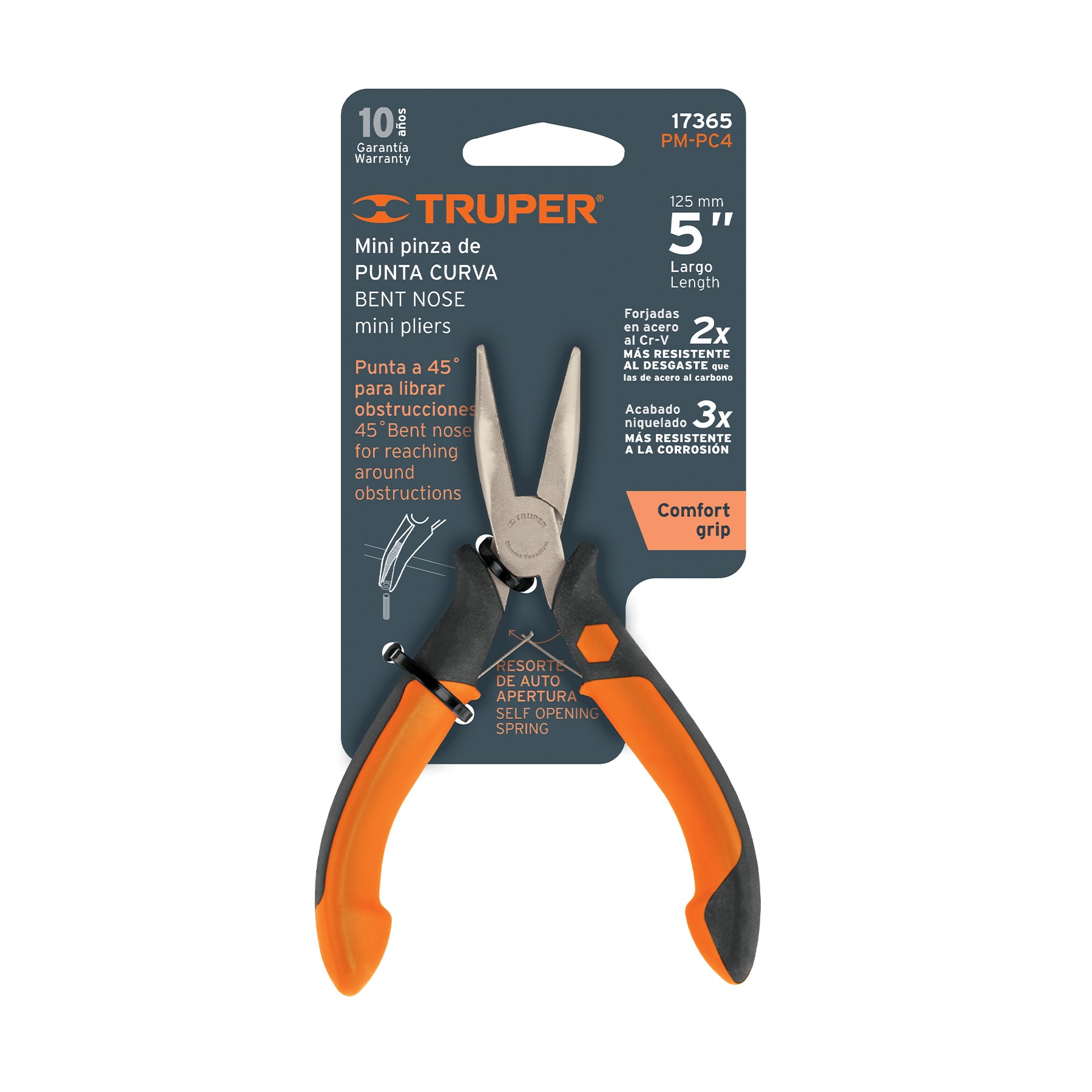 Mini alicate de punta curva 5" mango Comfort Grip, Truper - 17365