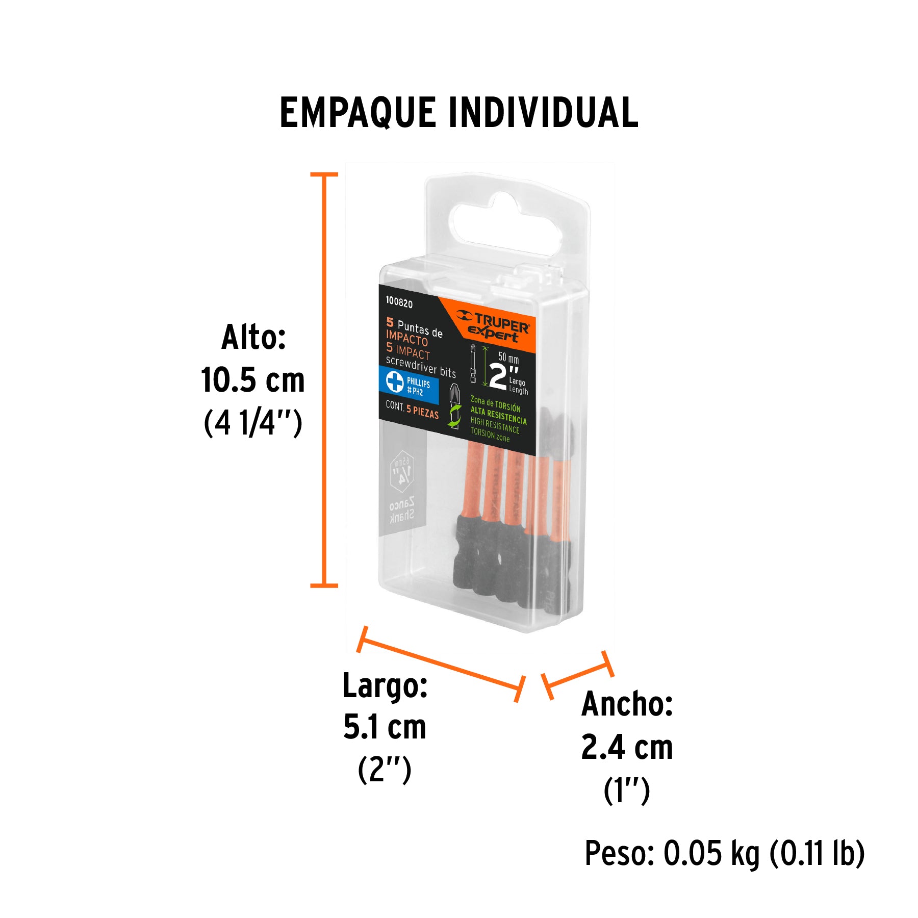 Estuche con 5 puntas de cruz PH2 de impacto largo 2", TRUPER - 100820