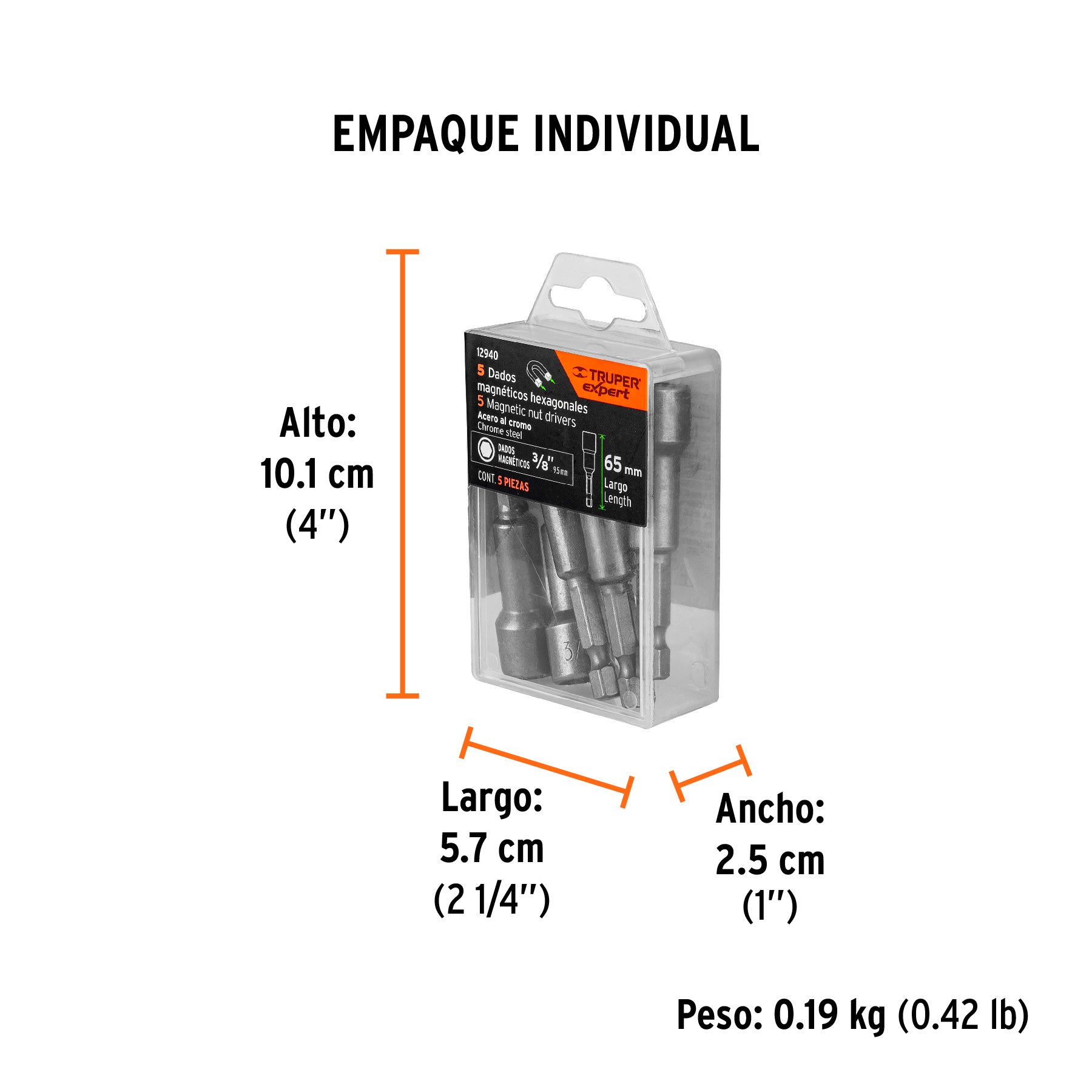 Estuche con 5 dados magnéticos de 3/8" largo 2", Truper - 12940