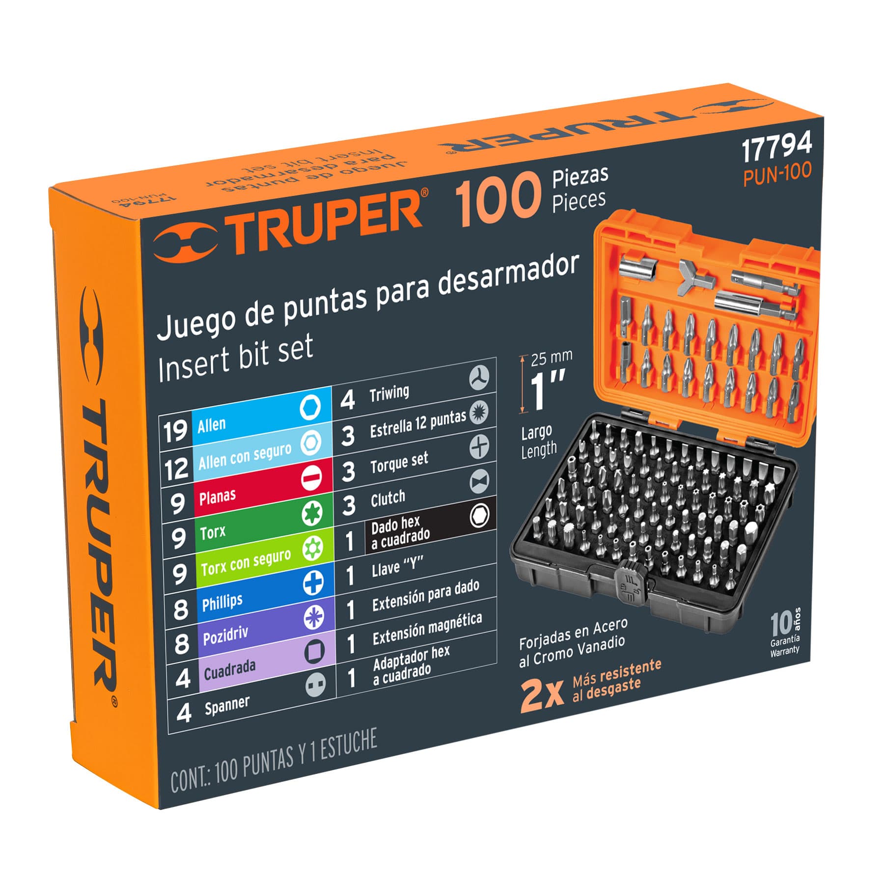 Juego de 100 puntas mixtas largo 1" en estuche plástico, Truper - 17794