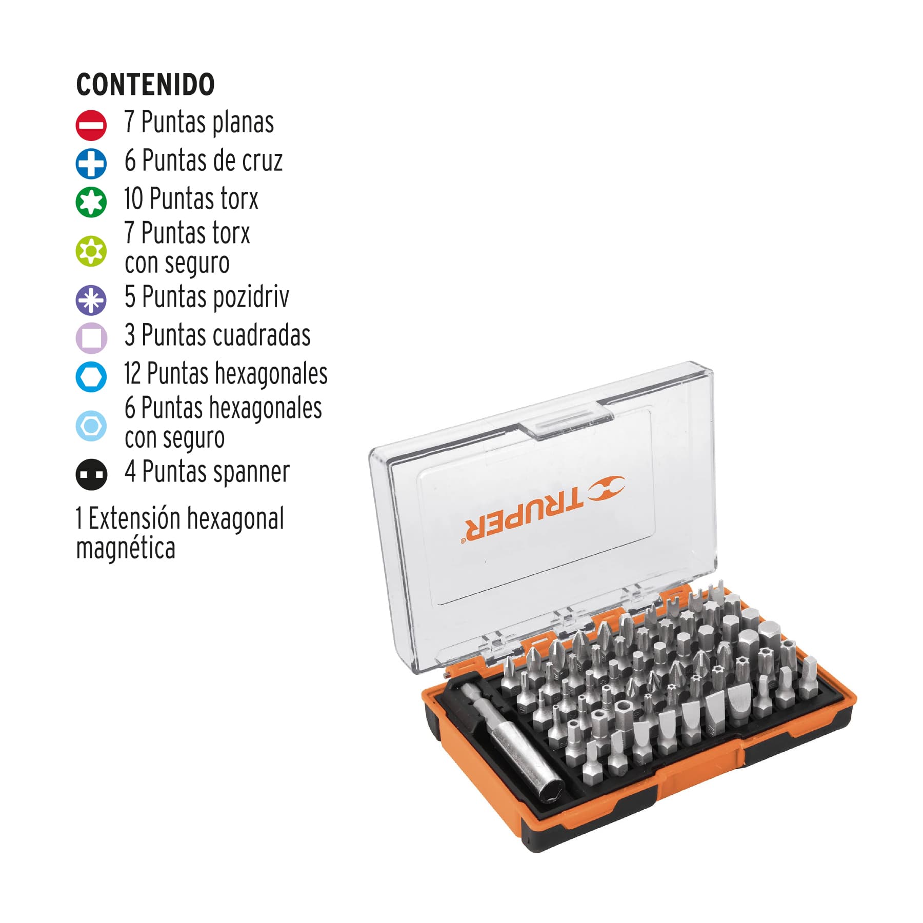 Juego de 60 puntas mixtas largo 1pulg en estuche plástico TRUPER cod: 10758