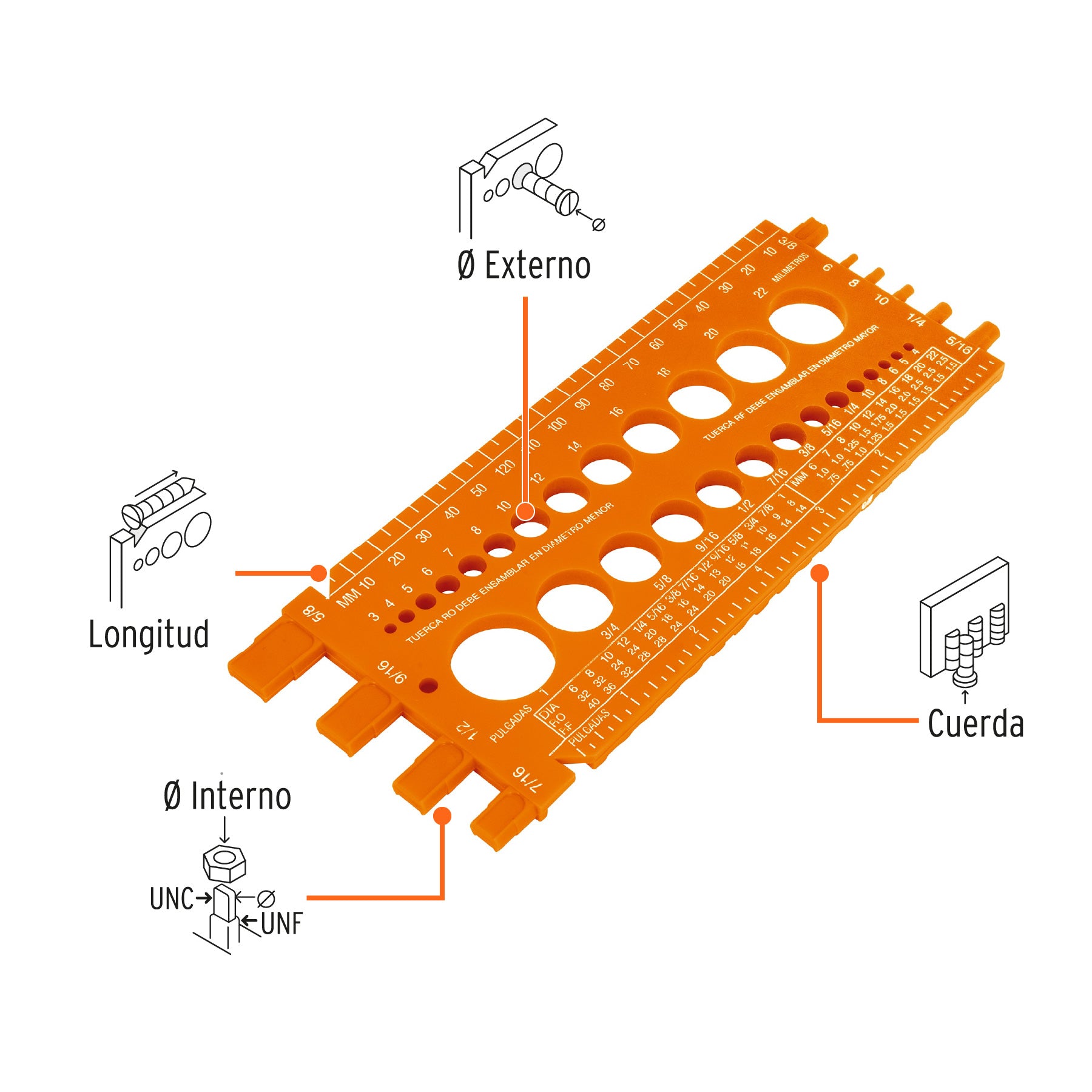 Regla medidora de tuercas y tornillos, 22 cm, Truper - 10811