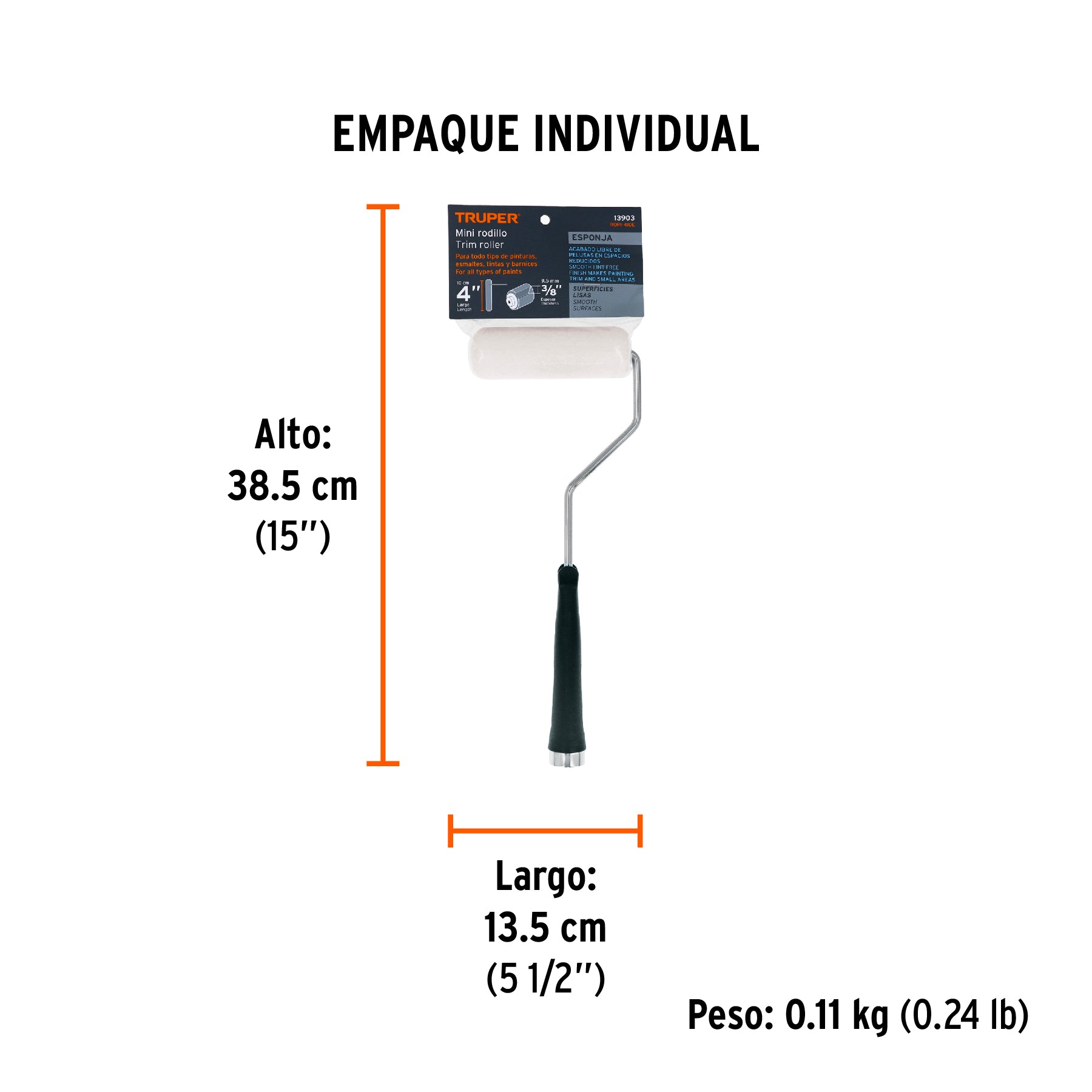 Mini Rodillo para pintar 4" x 3/8" de esponja, Truper - 13903