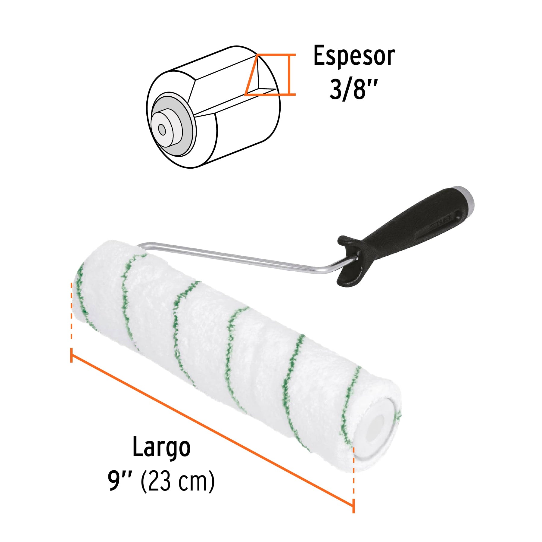 Rodillo para pintar 9" x 3/8" microfibra, sup. poco rugosas, Truper 13894