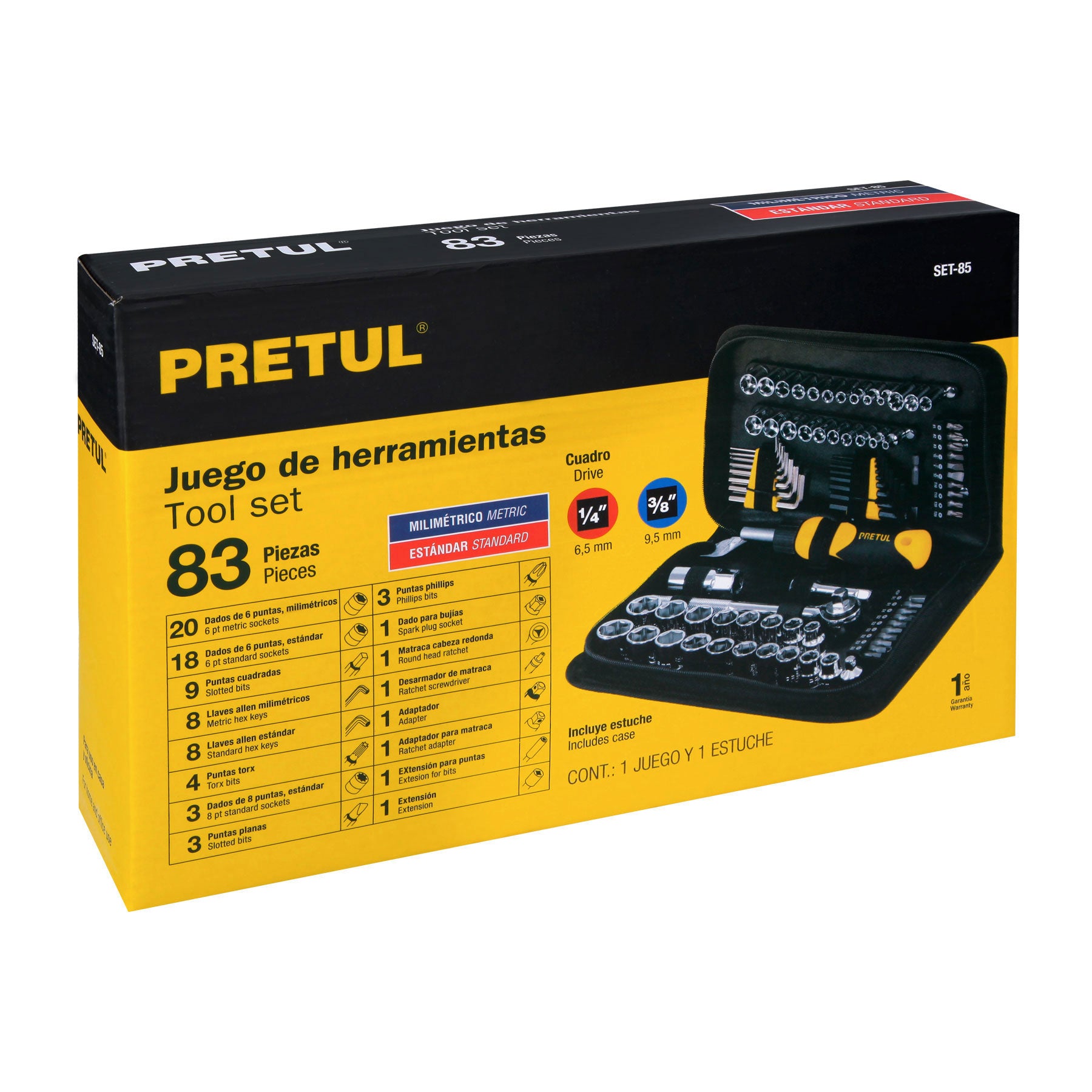 Juego de 83 herramientas 1/4" y 3/8" para mecánico, Pretul - 22984