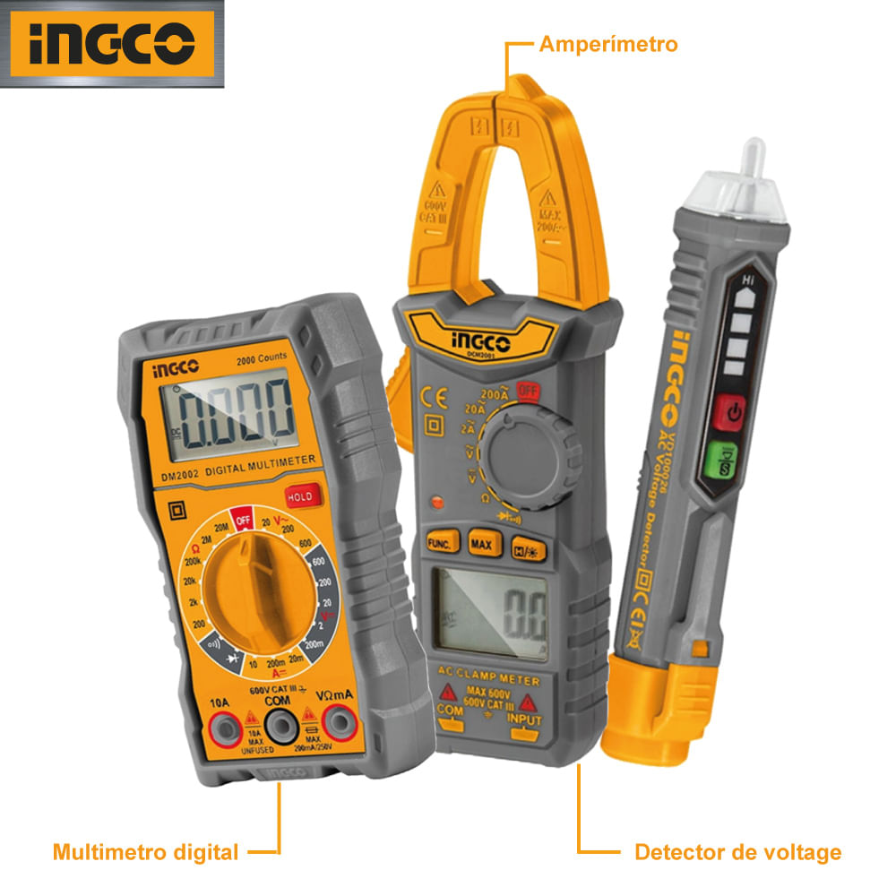 Kit 3 Herramientas Prueba Eléctrica Ingco Amperímetro + Multimetro Digital + Detector Voltaje DM3028