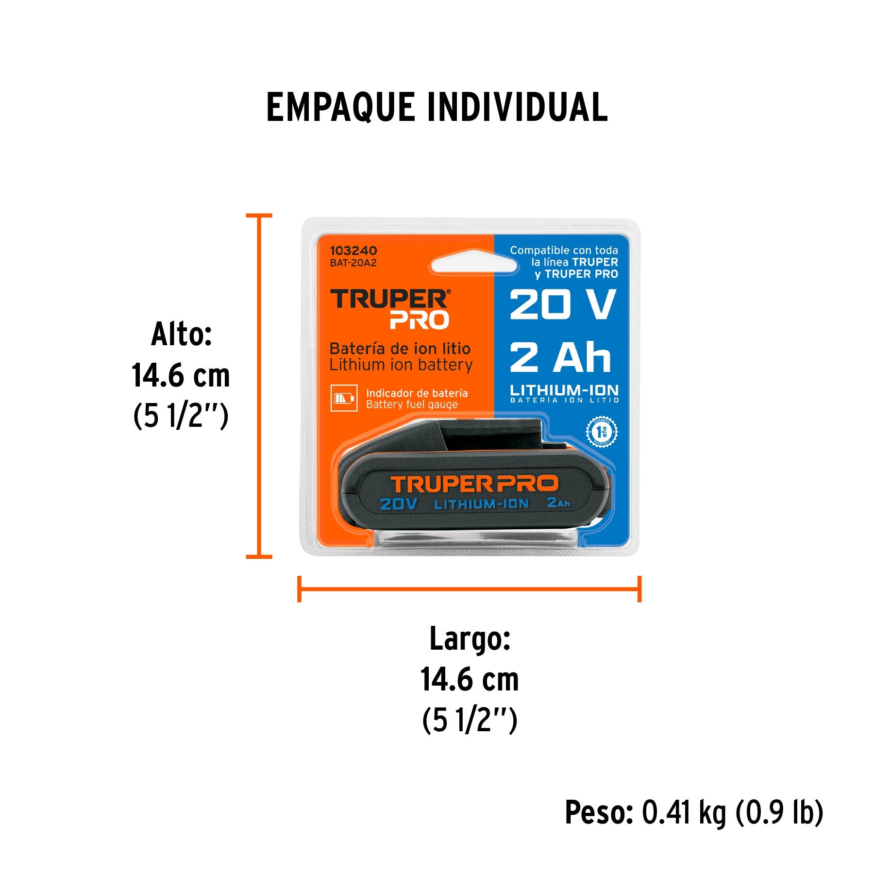 Batería ion litio, 20V, 2 Ah, TRUPER - 103240