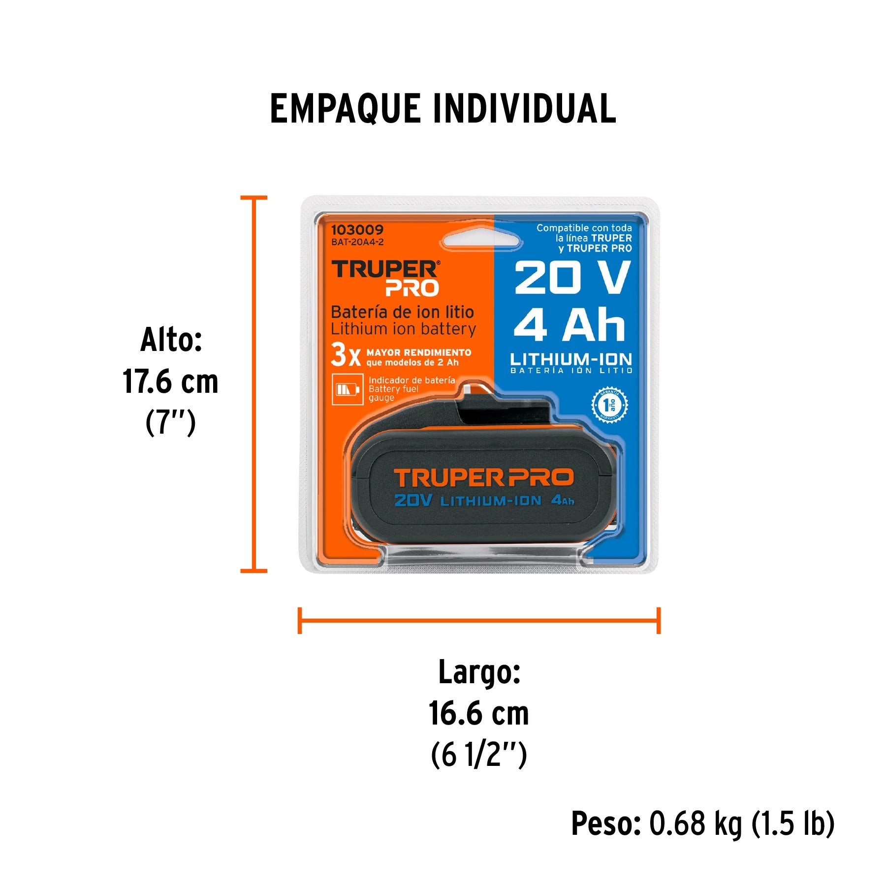 Batería ion litio, 20V, 4 Ah, TRUPER - 103009