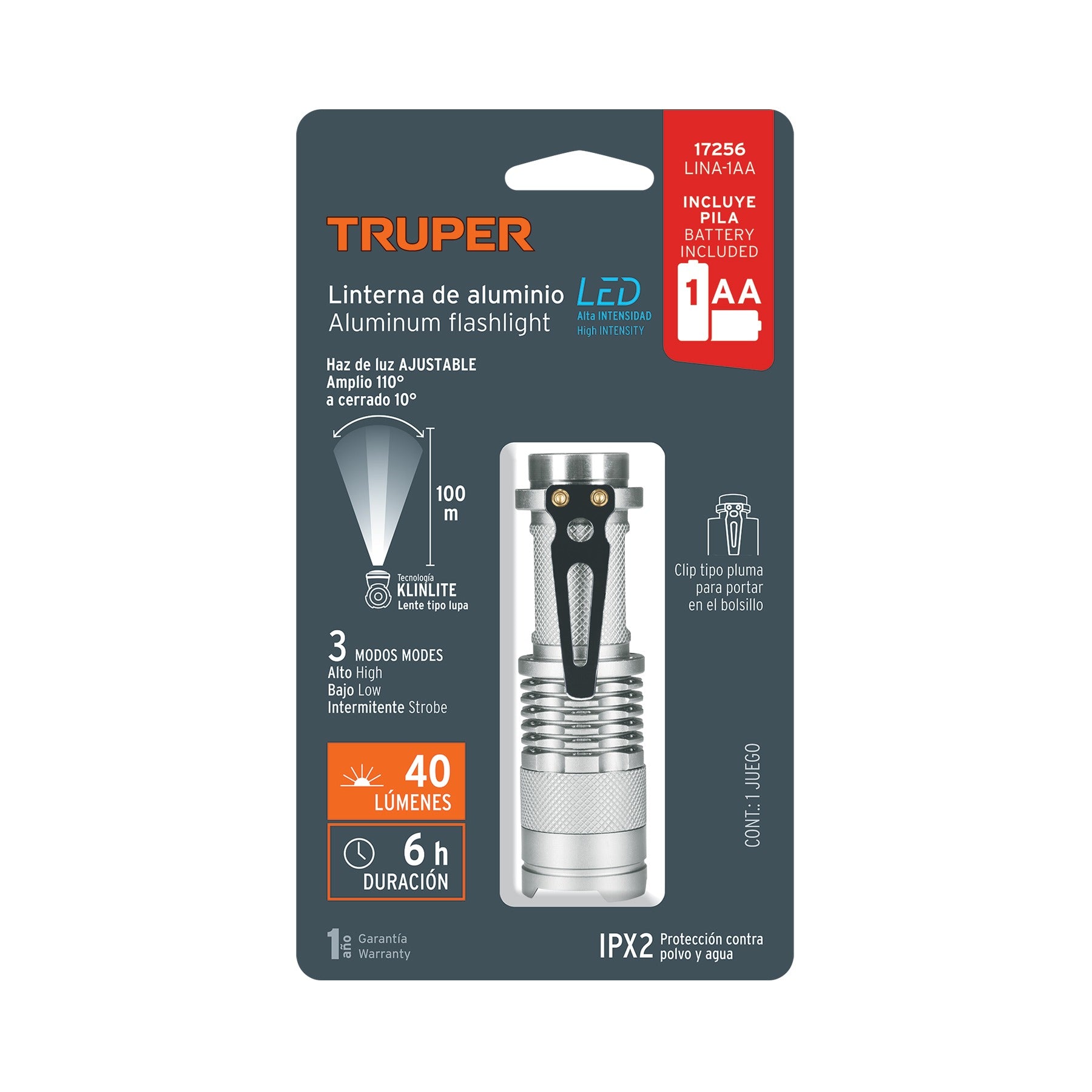 Linterna de aluminio 1 LED de 40 lm con 1 pila AA, TRUPER 17256