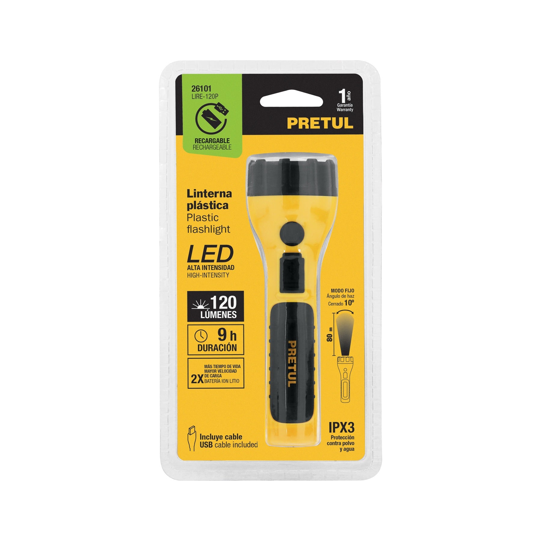 Linterna plástica de LED, 120 lm, recargable, PRETUL 26101