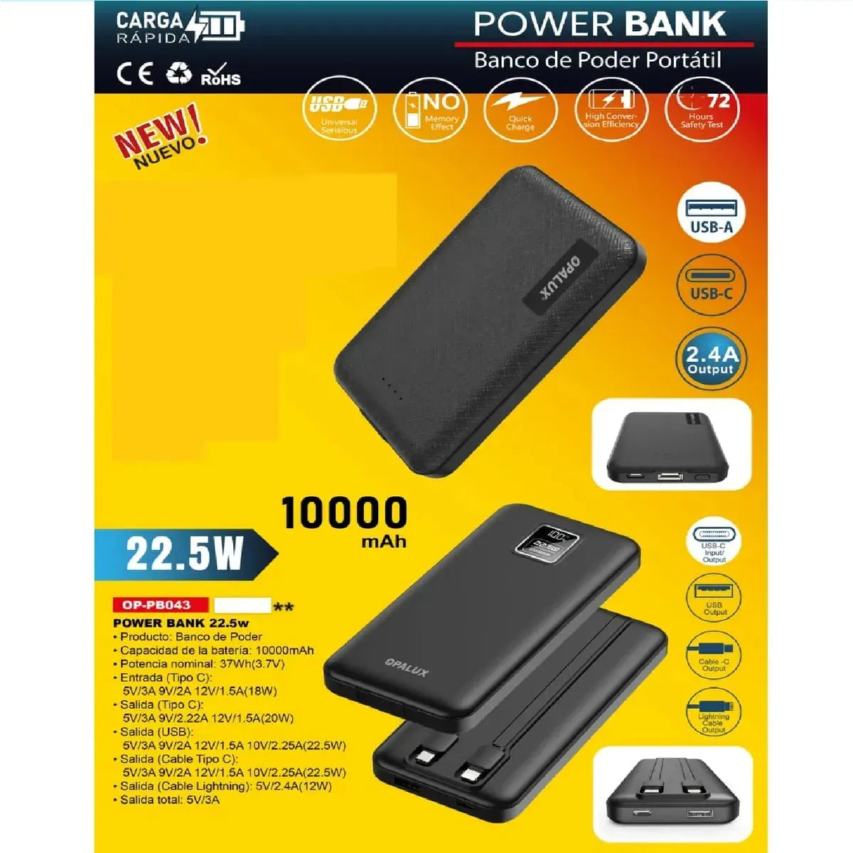 Power Bank Opalux 10000mAh Carga Rápida 22.5W OP-PB043