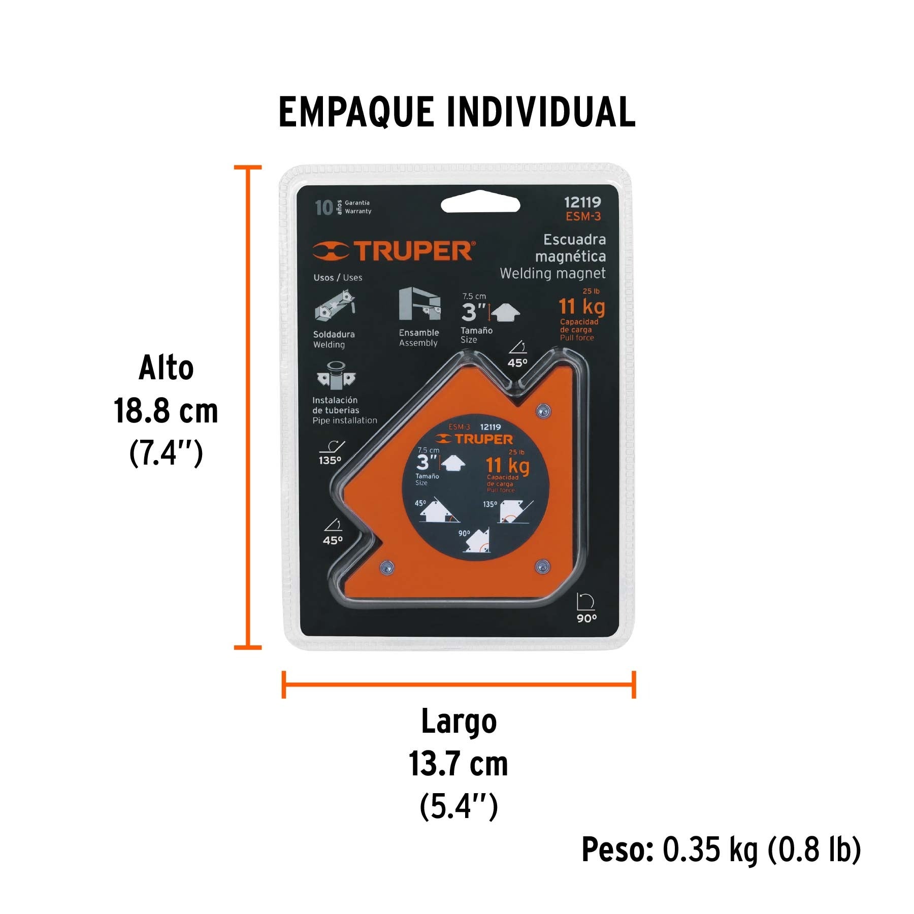 Escuadra magnética para soldar de 3", carga 11 kg, TRUPER 12119