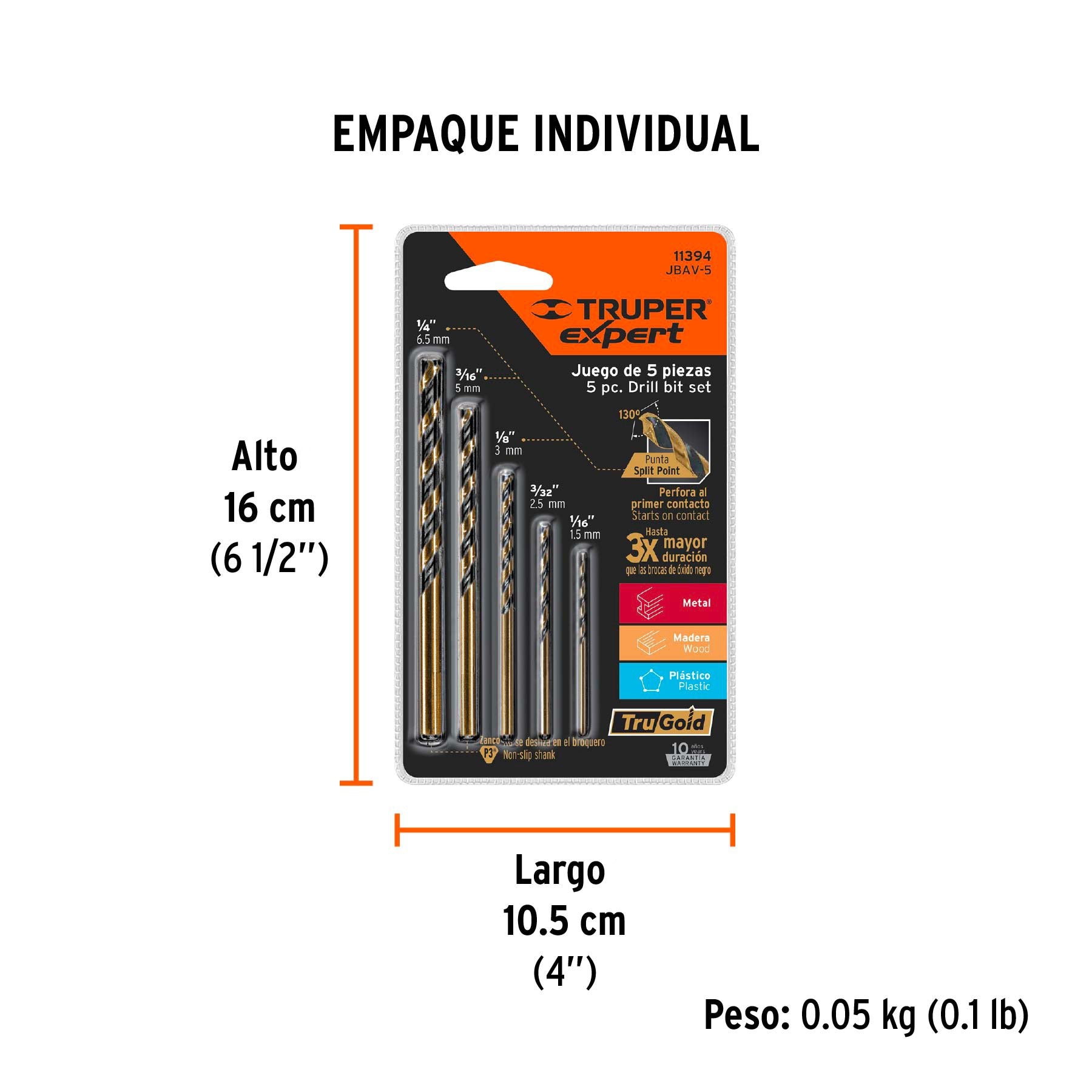 Juego de 5 brocas HSS para metal, TRUPER - 11394