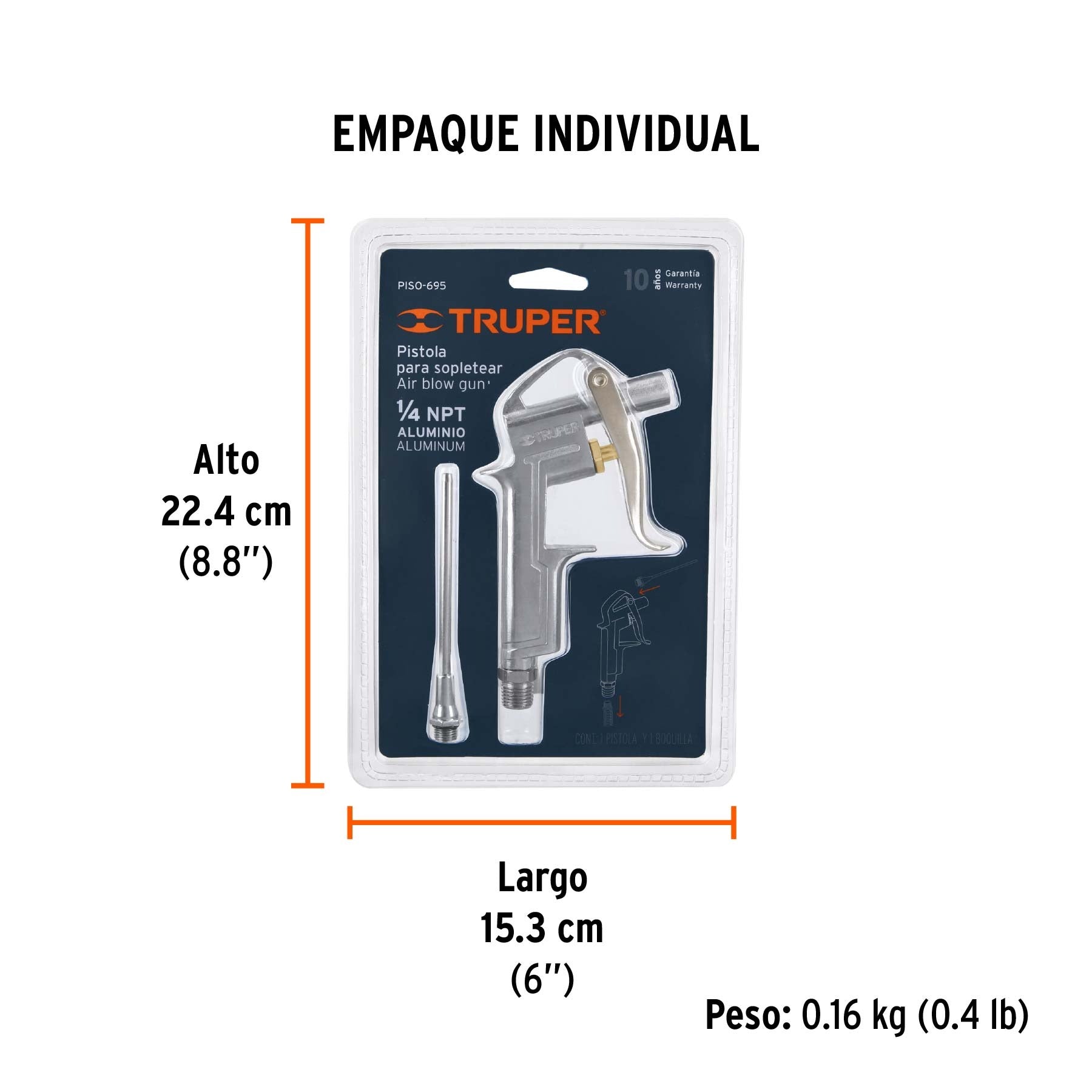 Pistola de aluminio para sopletear, boquilla ext 4",TRUPER 19235