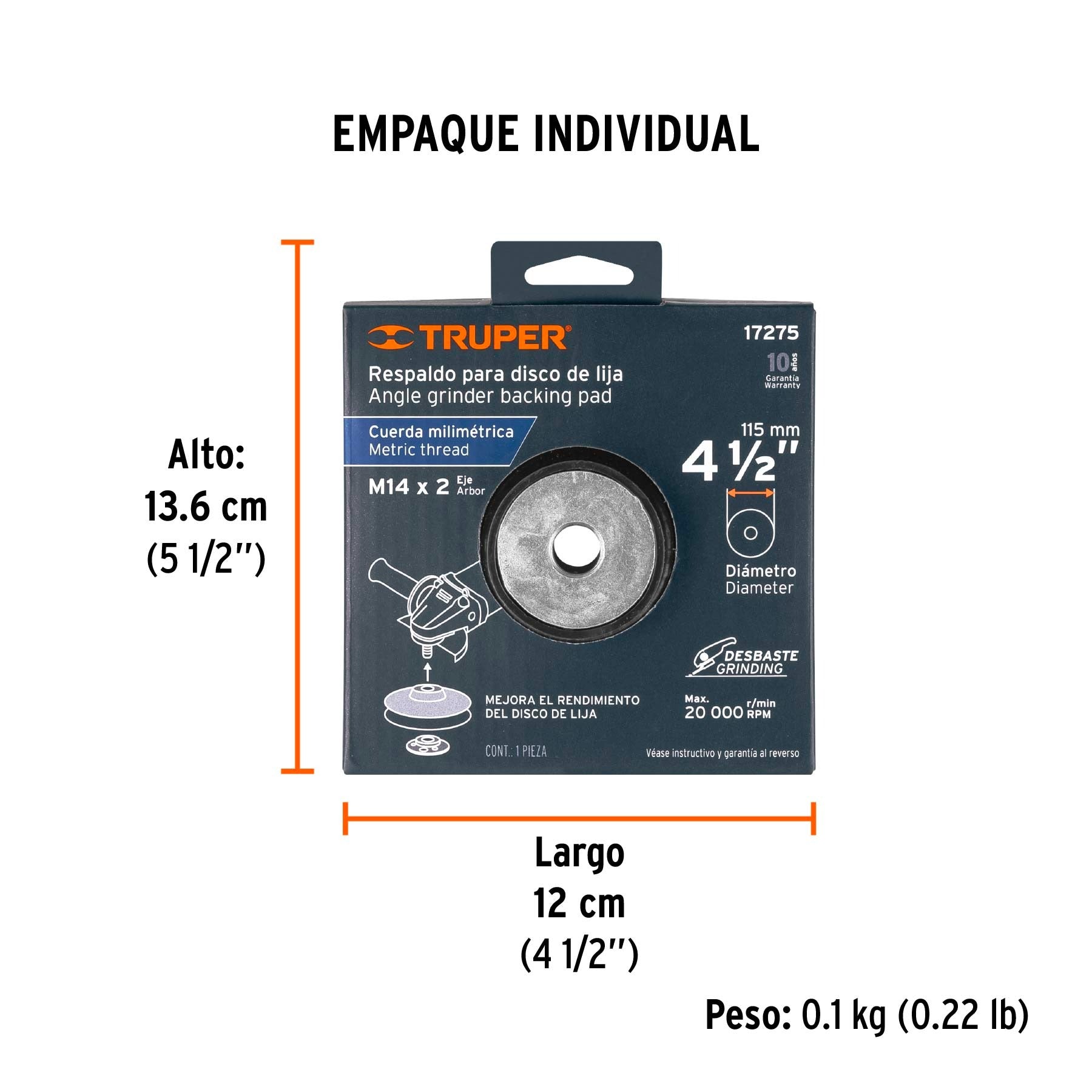 Respaldo para discos de lija 4-1/2", eje M14, TRUPER 17275