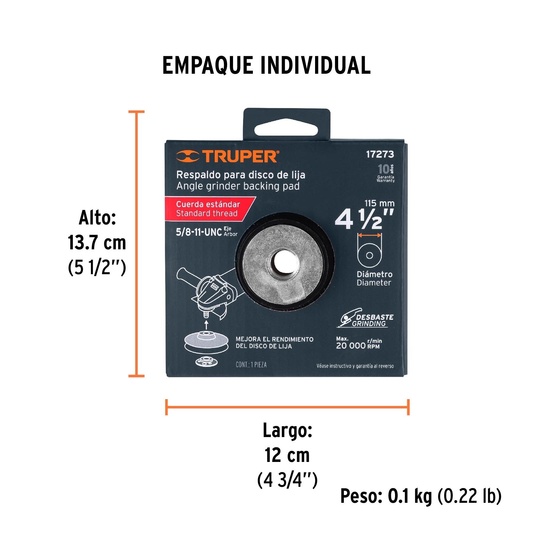 Respaldo para discos de lija 4-1/2", eje 5/8, TRUPER 17273