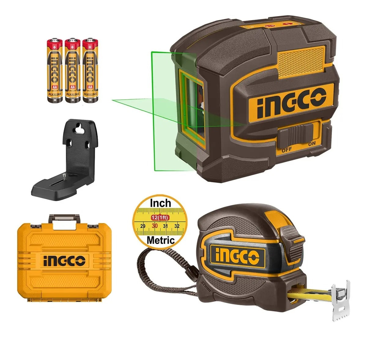 Kit deLaser Nivel Autonivelante + Cinta Metrica 5mts Ingco HLL680081