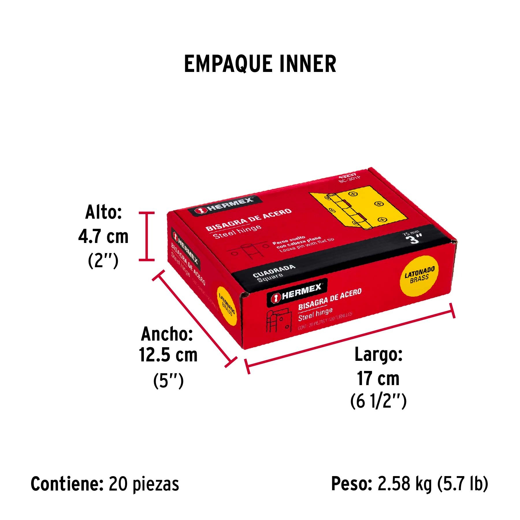 Bisagra cuadrada 3", latonado, cabeza plana, HERMEX - 43237