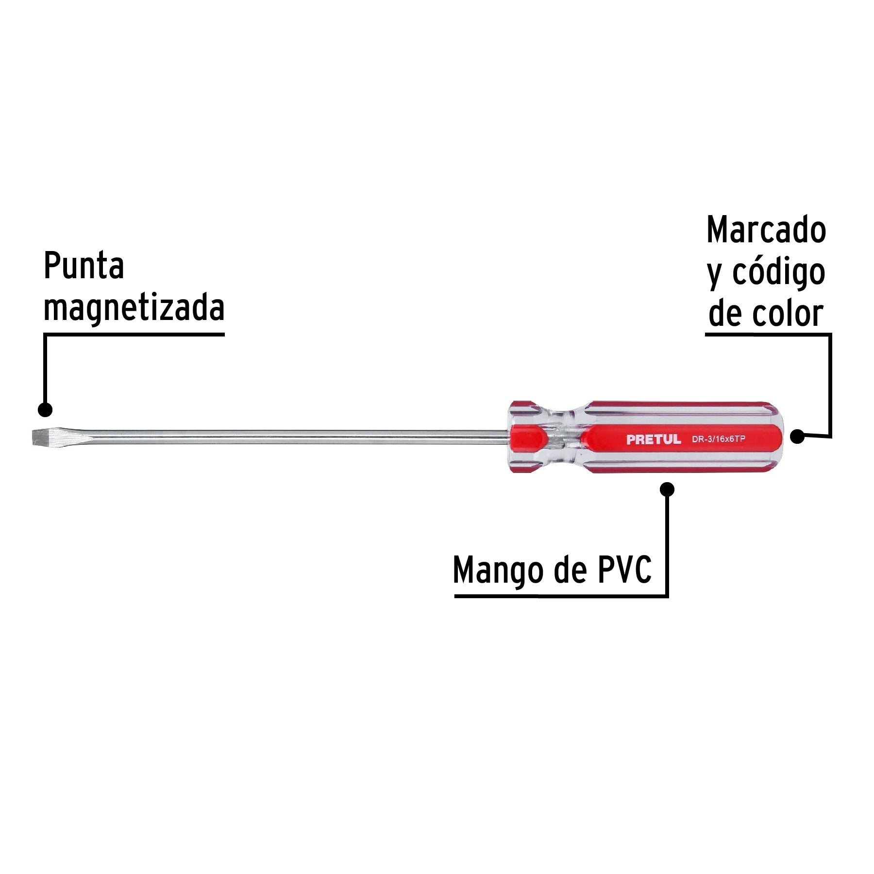 Desarmador plano 3/16 x 6" mango de PVC, PRETUL 21457