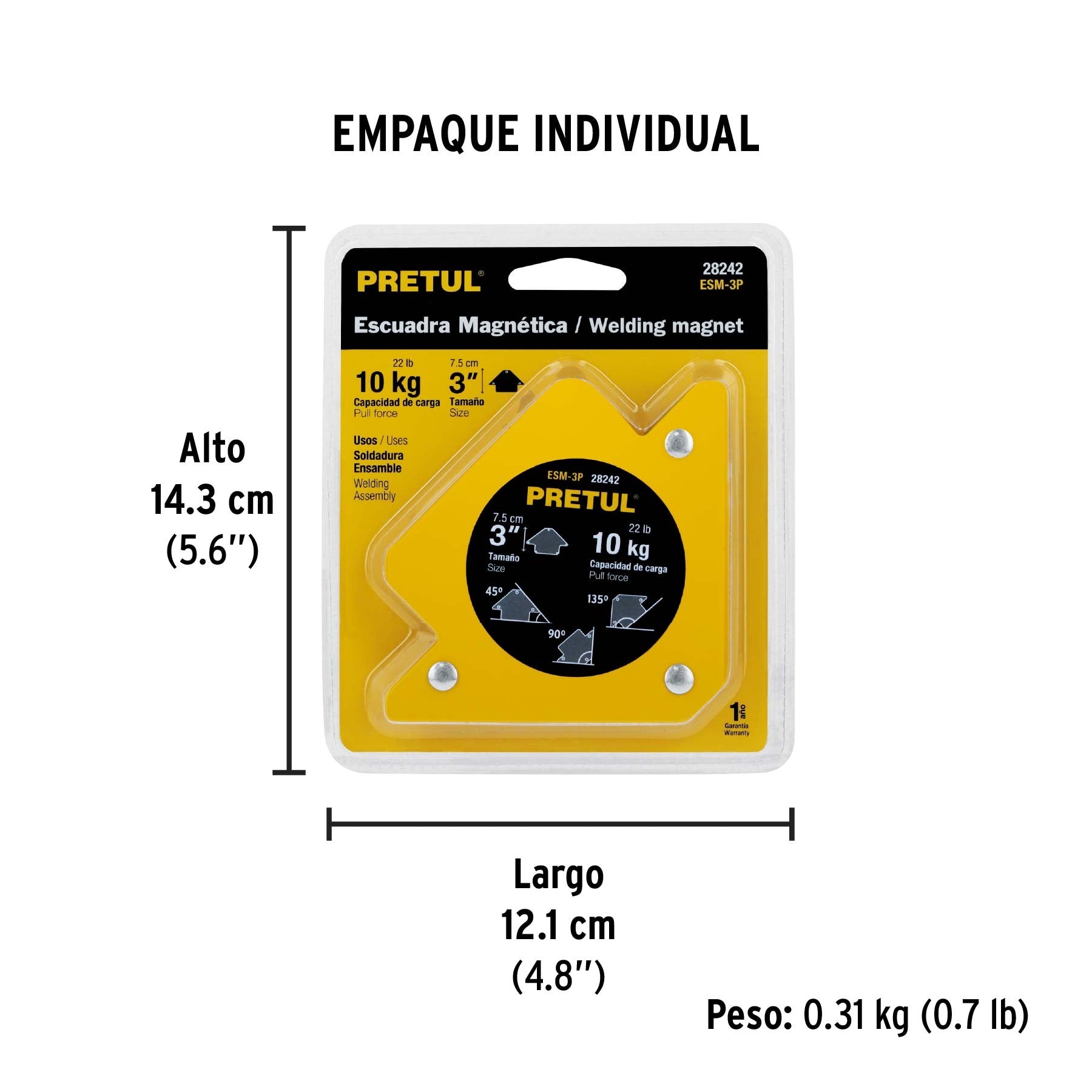 Escuadra magnética para soldar de 3", carga 10 kg, PRETUL 28242