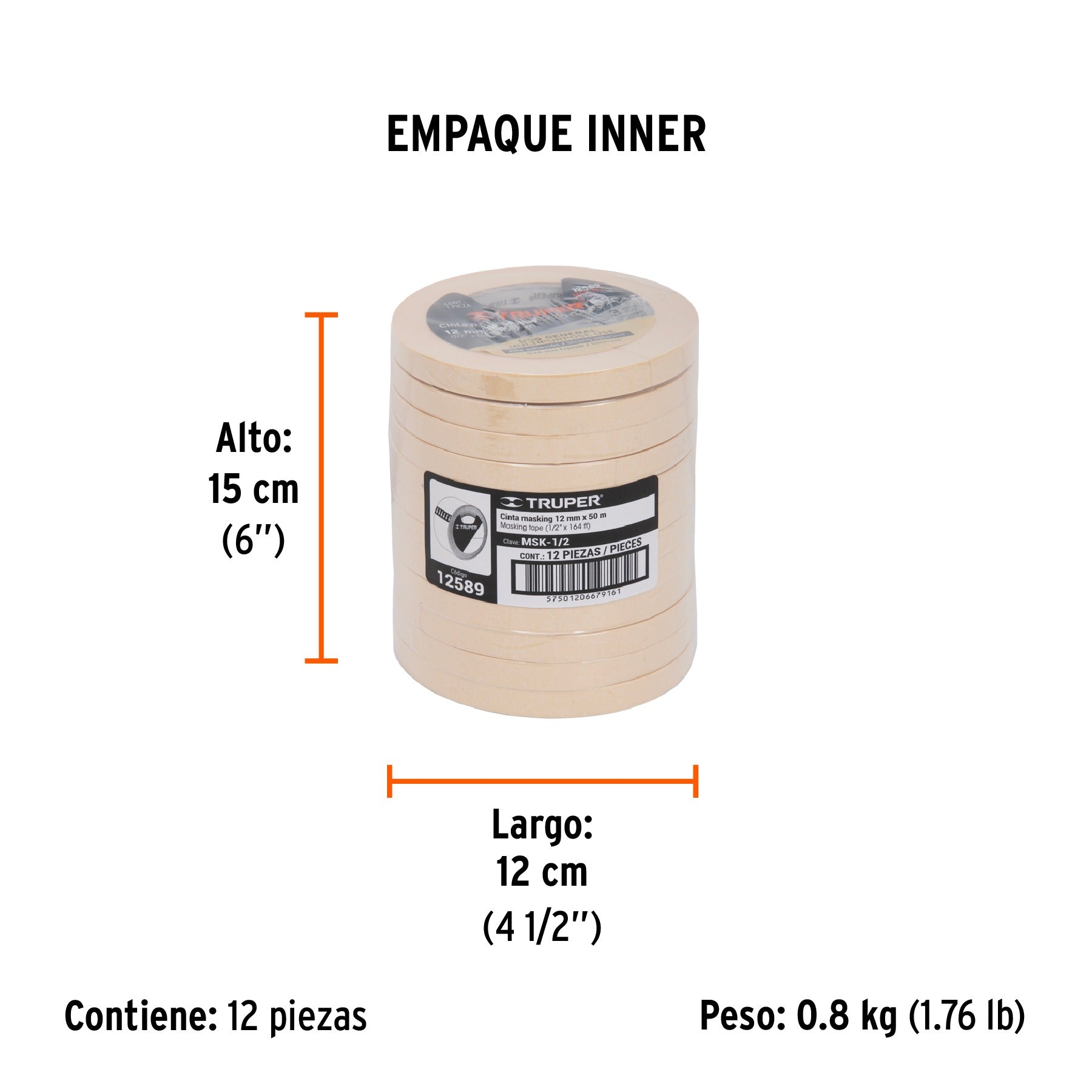 Paquete de 12 und de Cinta masking tape de 1/2" x 50 m, TRUPER - 12589-12