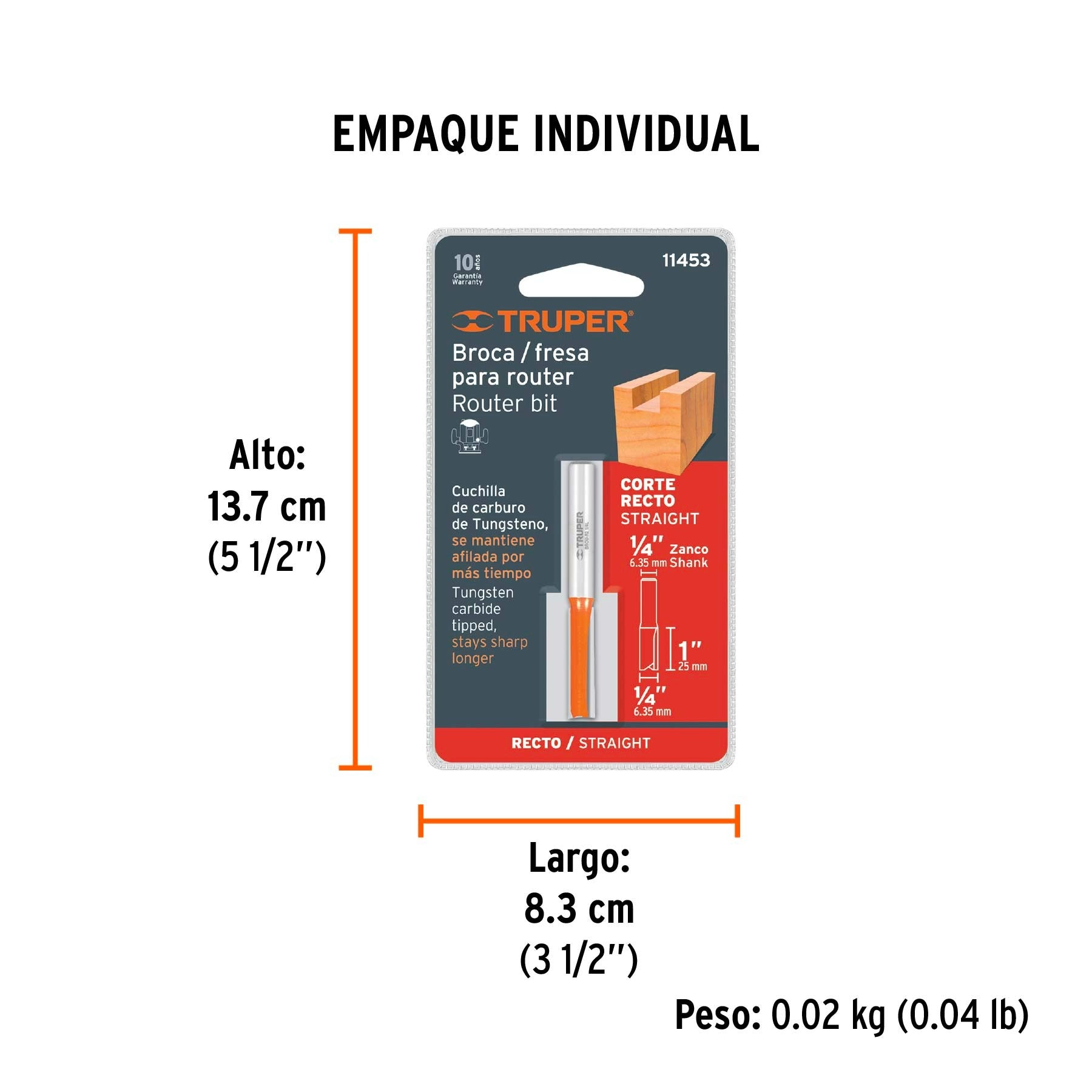 Broca para router, recta 2 filos, 1/4", larga, TRUPER 11453