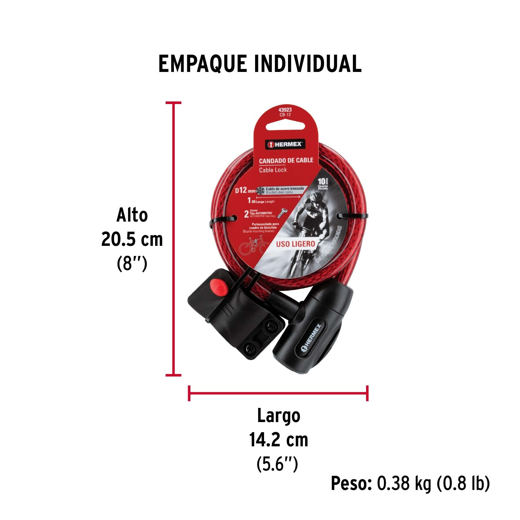 Candado de cable con llave, 12 mm X 1.0 m, HERMEX - 43923