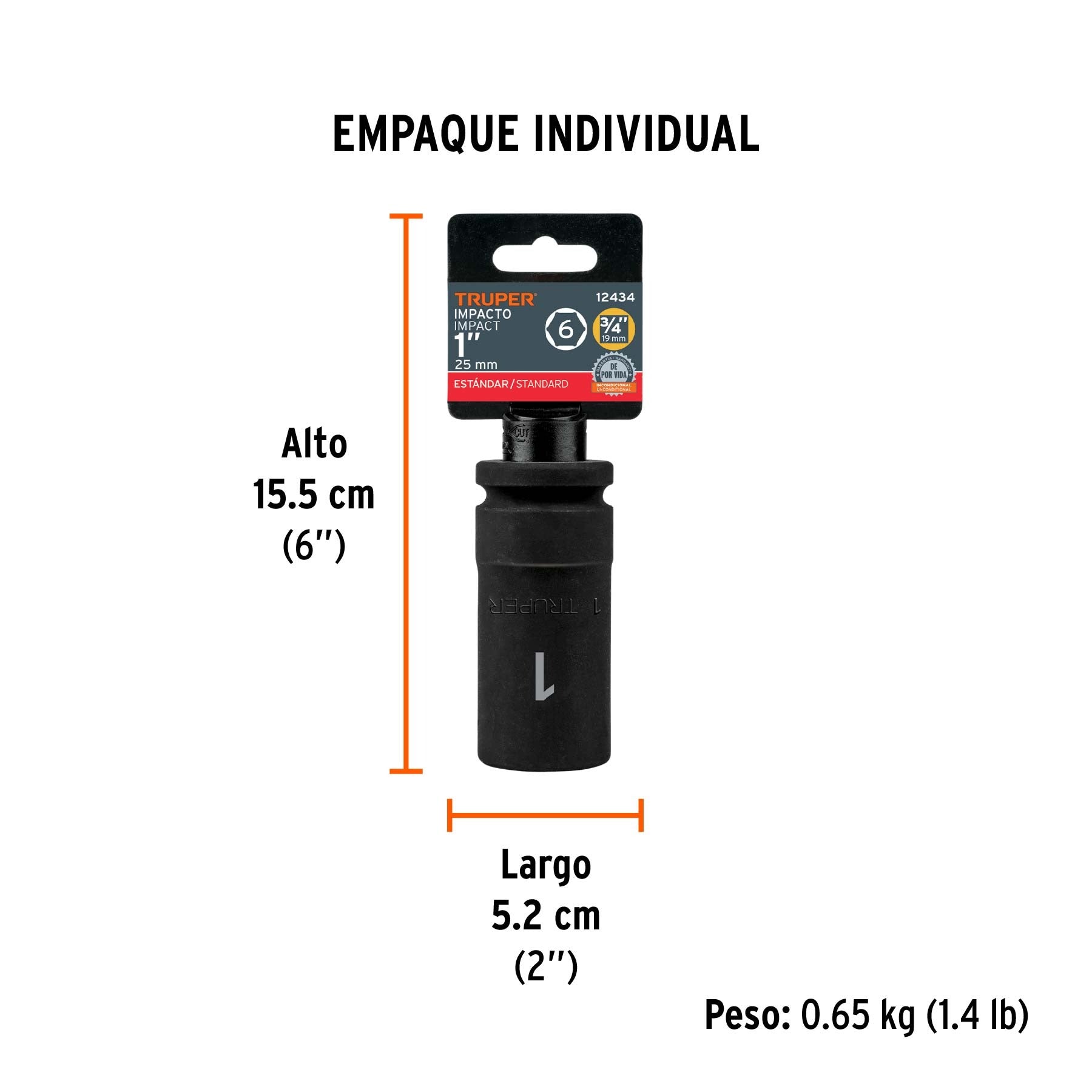 Dado largo de impacto de 1 pulg, 6 puntas, cuadro 3/4", TRUPER 12434