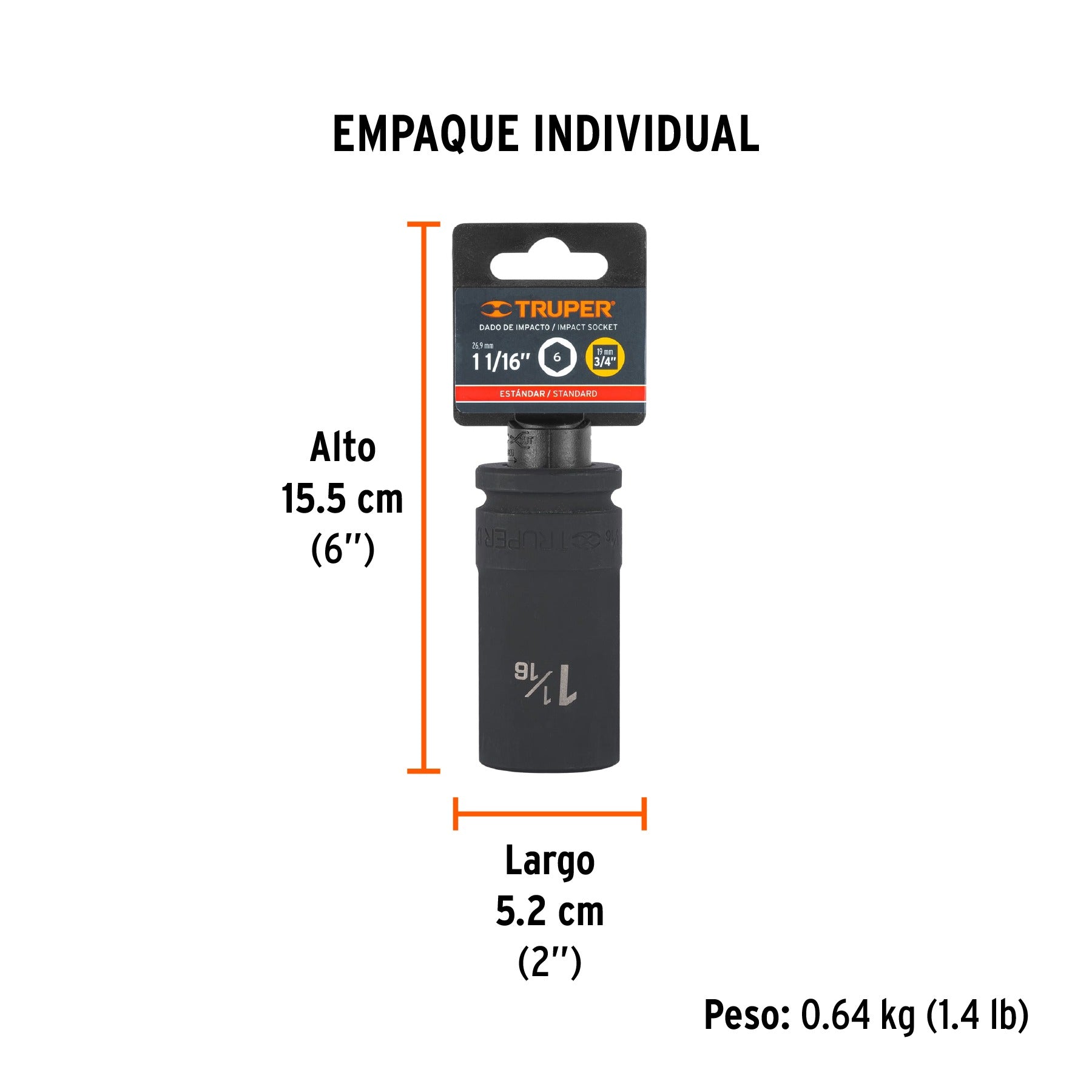 Dado largo de impacto de 1-1/16", 6 puntas, cuadro 3/4" Truper 12435