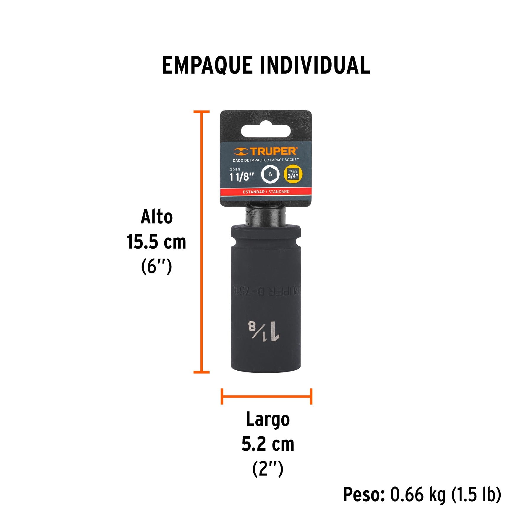 Dado largo de impacto de 1-1/8", 6 puntas, cuadro 3/4" TRUPER 12436
