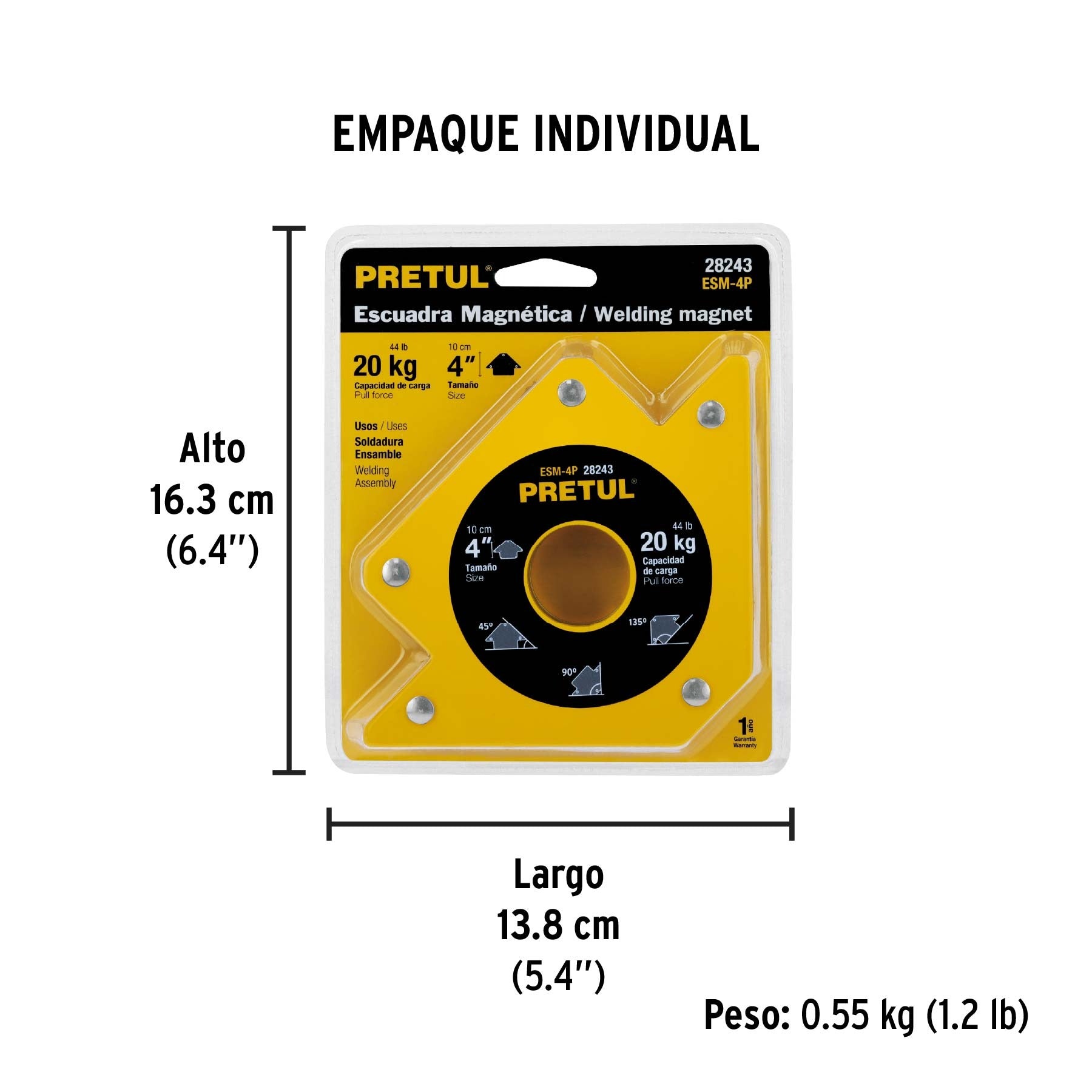 Escuadra magnética para soldar de 4", carga 20 kg, PRETUL 28243