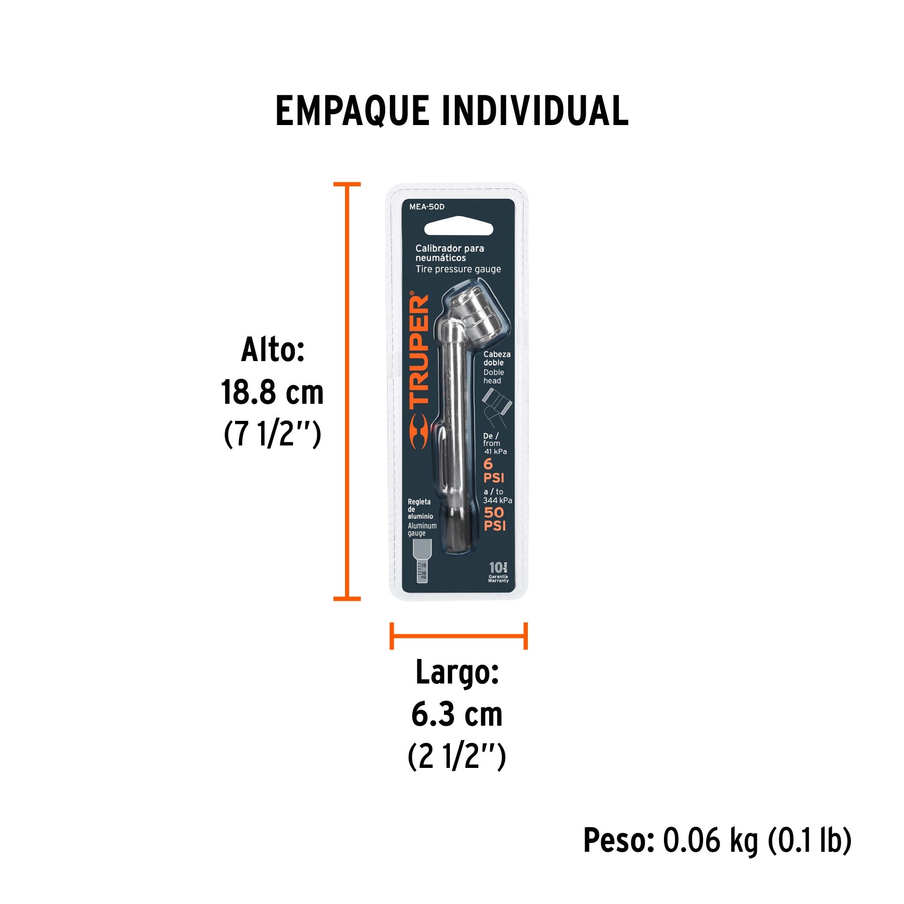 Calibrador de presión 50 psi cabeza doble, Truper - 19098