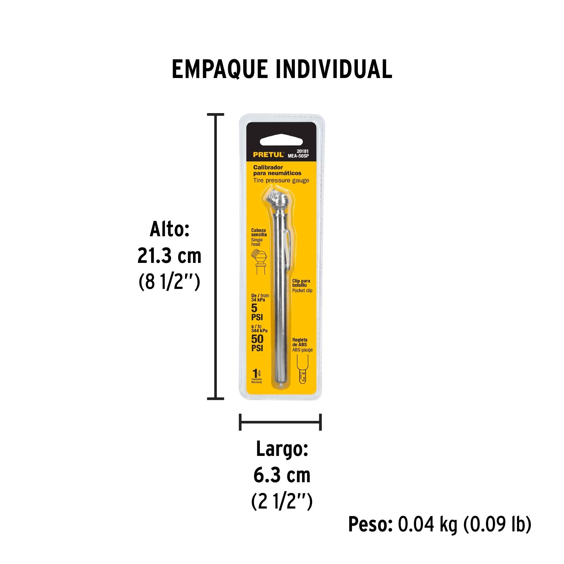 Calibrador de presión 50 psi, cabeza sencilla, PRETUL - 20181