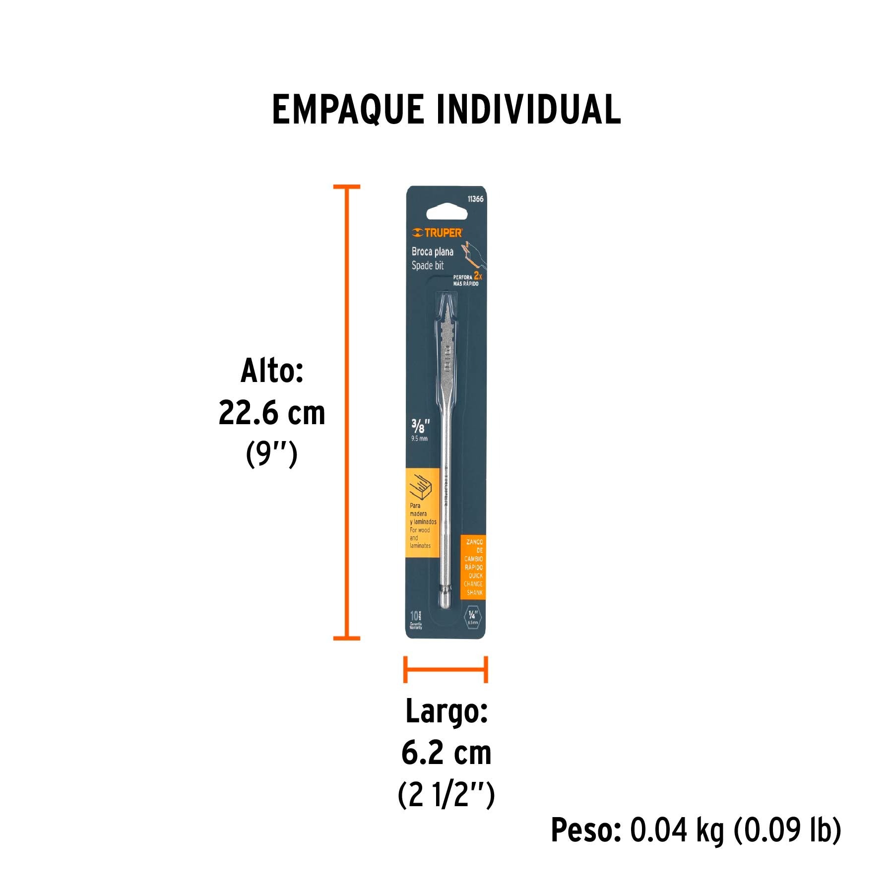 Broca plana de manita 3/8" para madera, TRUPER 11366