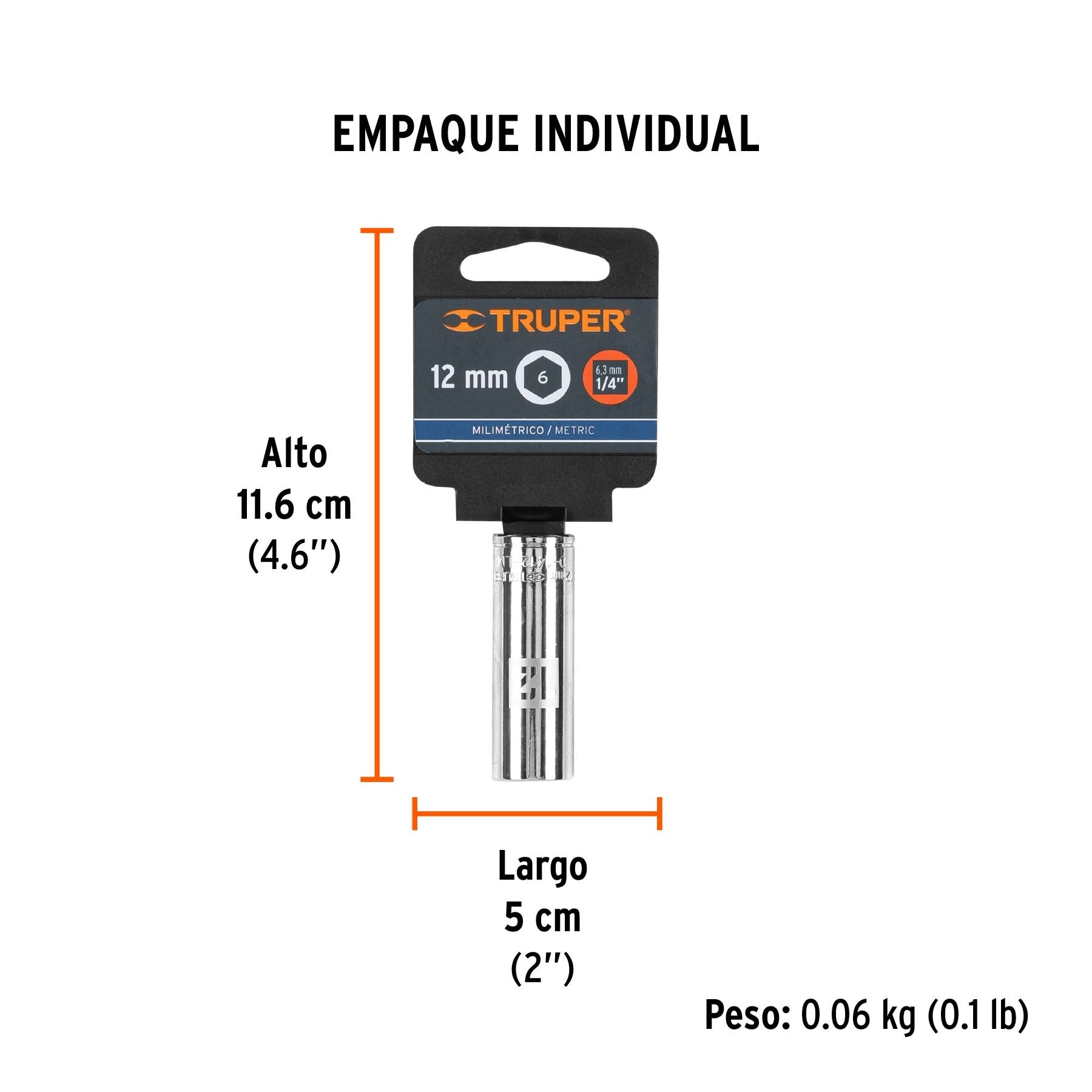 Dado largo de 12 mm, 6 puntas, cuadro 1/4", TRUPER - 13206
