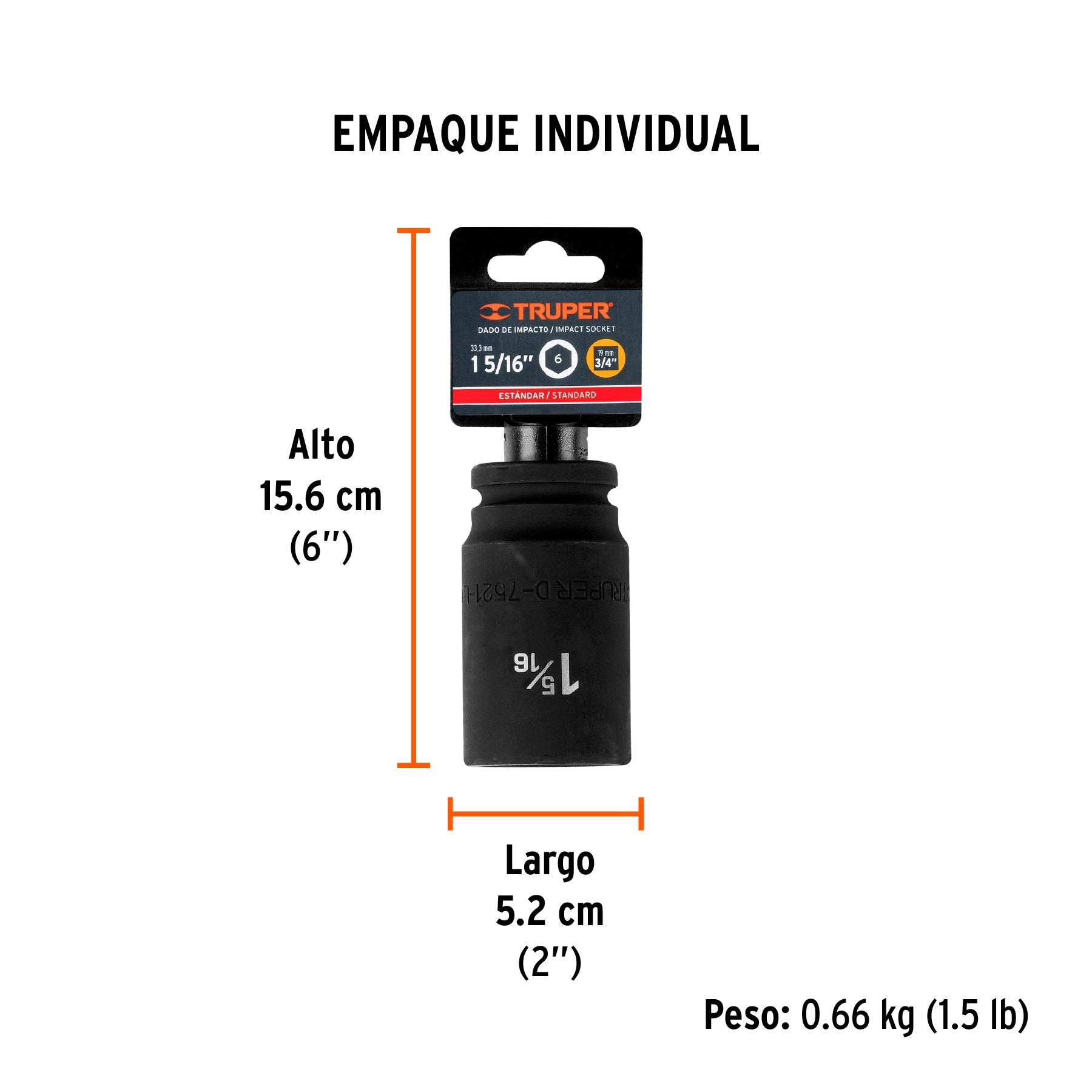 Dado largo de impacto de 1-5/16", 6 puntas, cuadro 3/4" TRUPER 12439