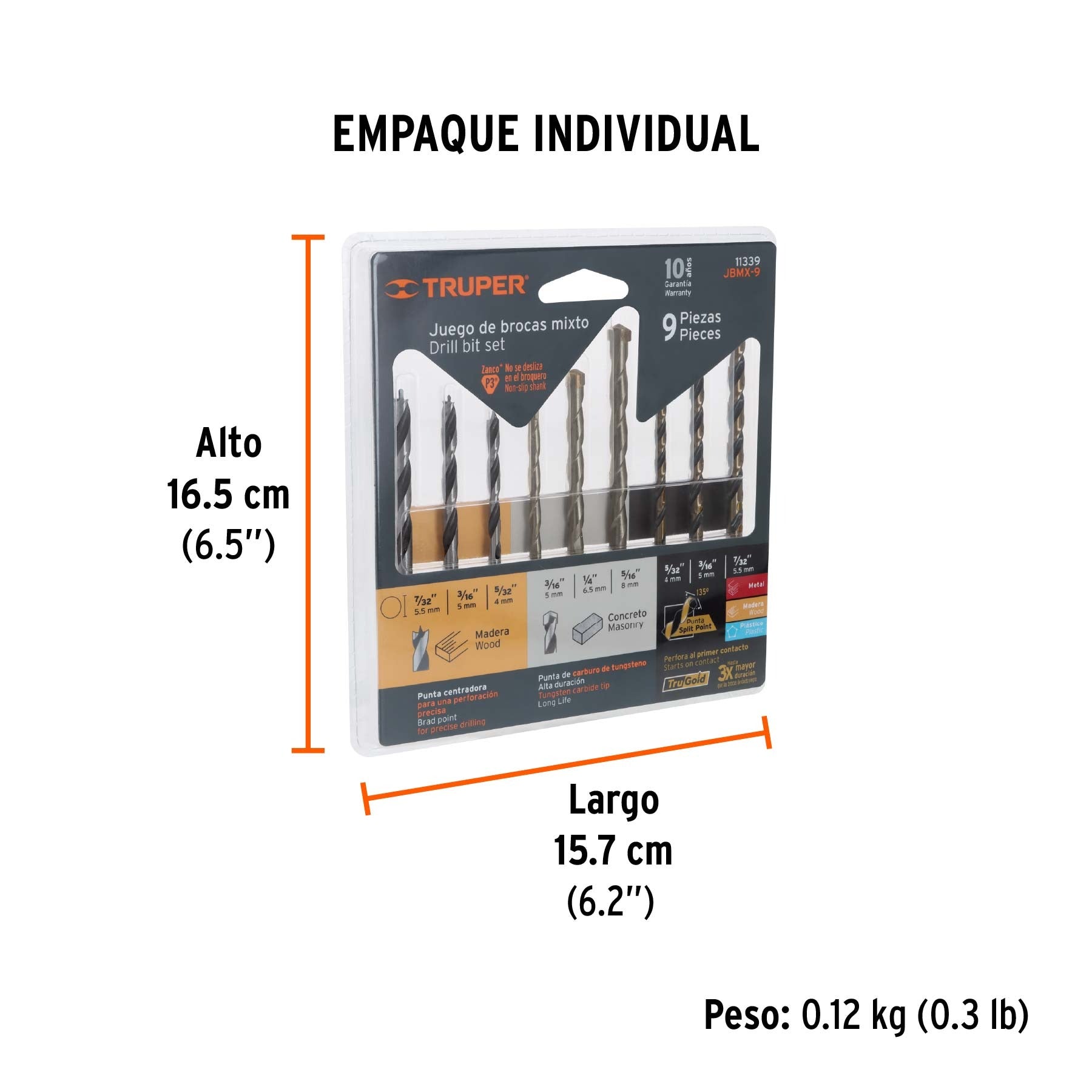 Juego de 9 brocas para metal, concreto y madera, Truper - 11339