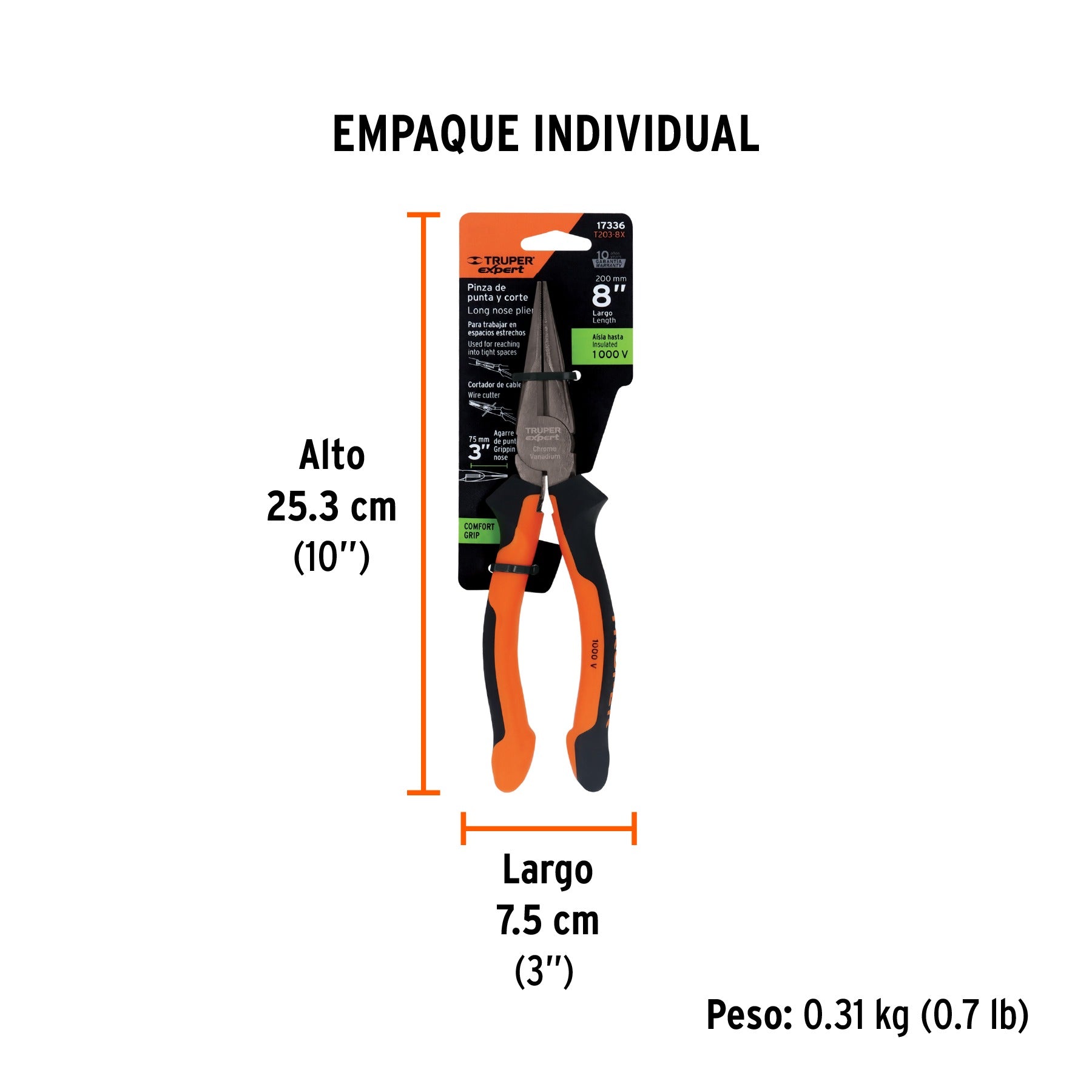 Alicate Pinza punta y corte 8" mango Comfort Grip, TRUPER  - 17336
